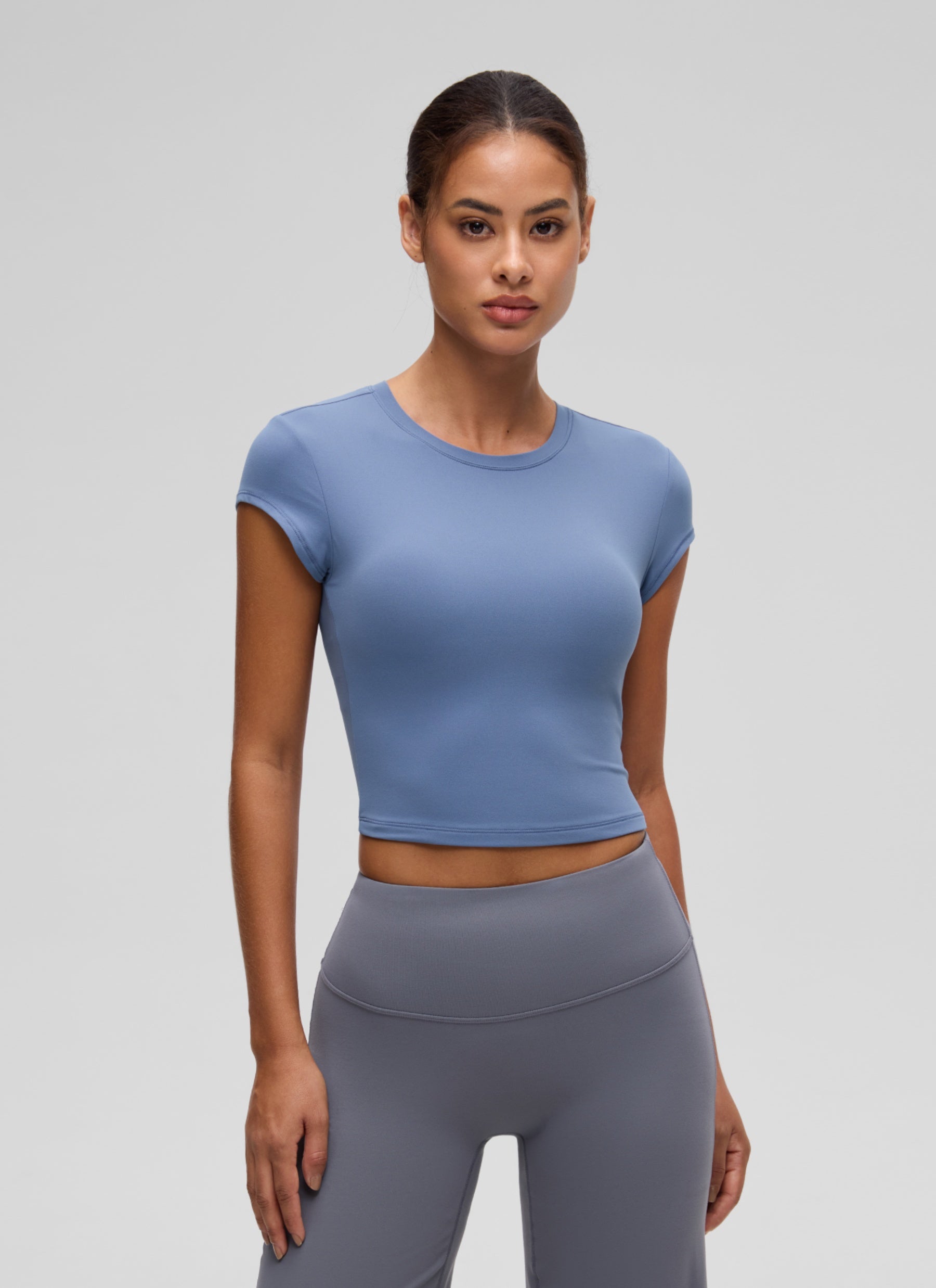 CRZ YOGA Women's Softembrace Casual Crop Double Lined Cap Sleeve Tops Oasis Blue