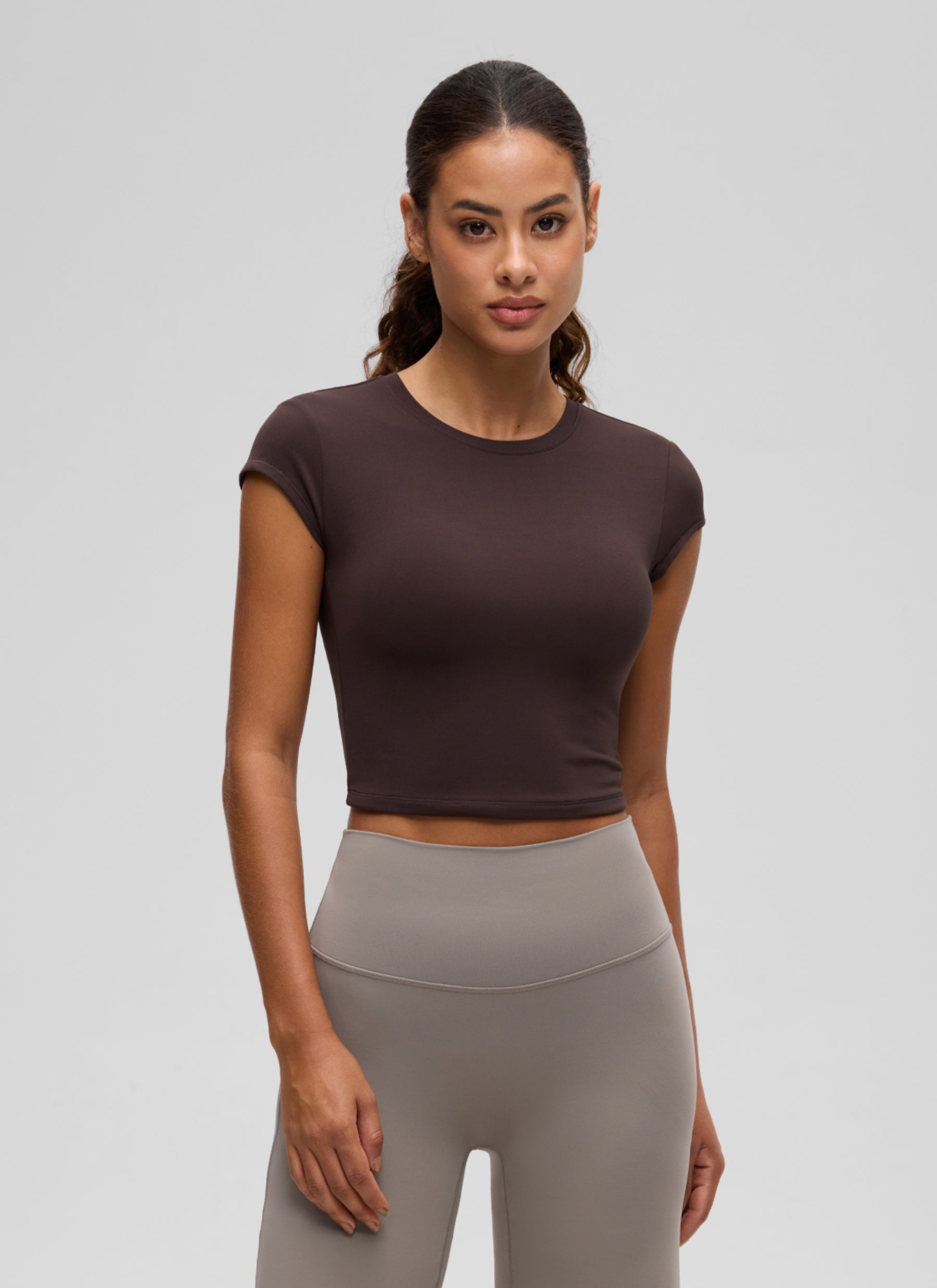 CRZ YOGA Women's Softembrace Casual Crop Double Lined Cap Sleeve Tops Hot Fudge Brown
