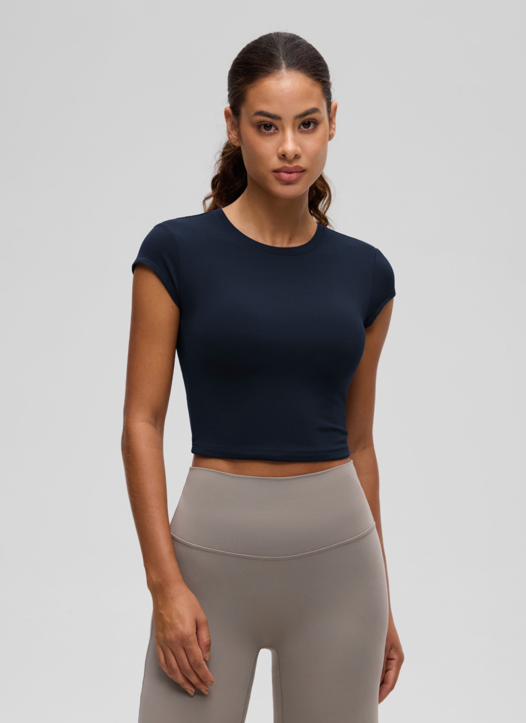 CRZ YOGA Women's Softembrace Casual Crop Double Lined Cap Sleeve Tops True Navy