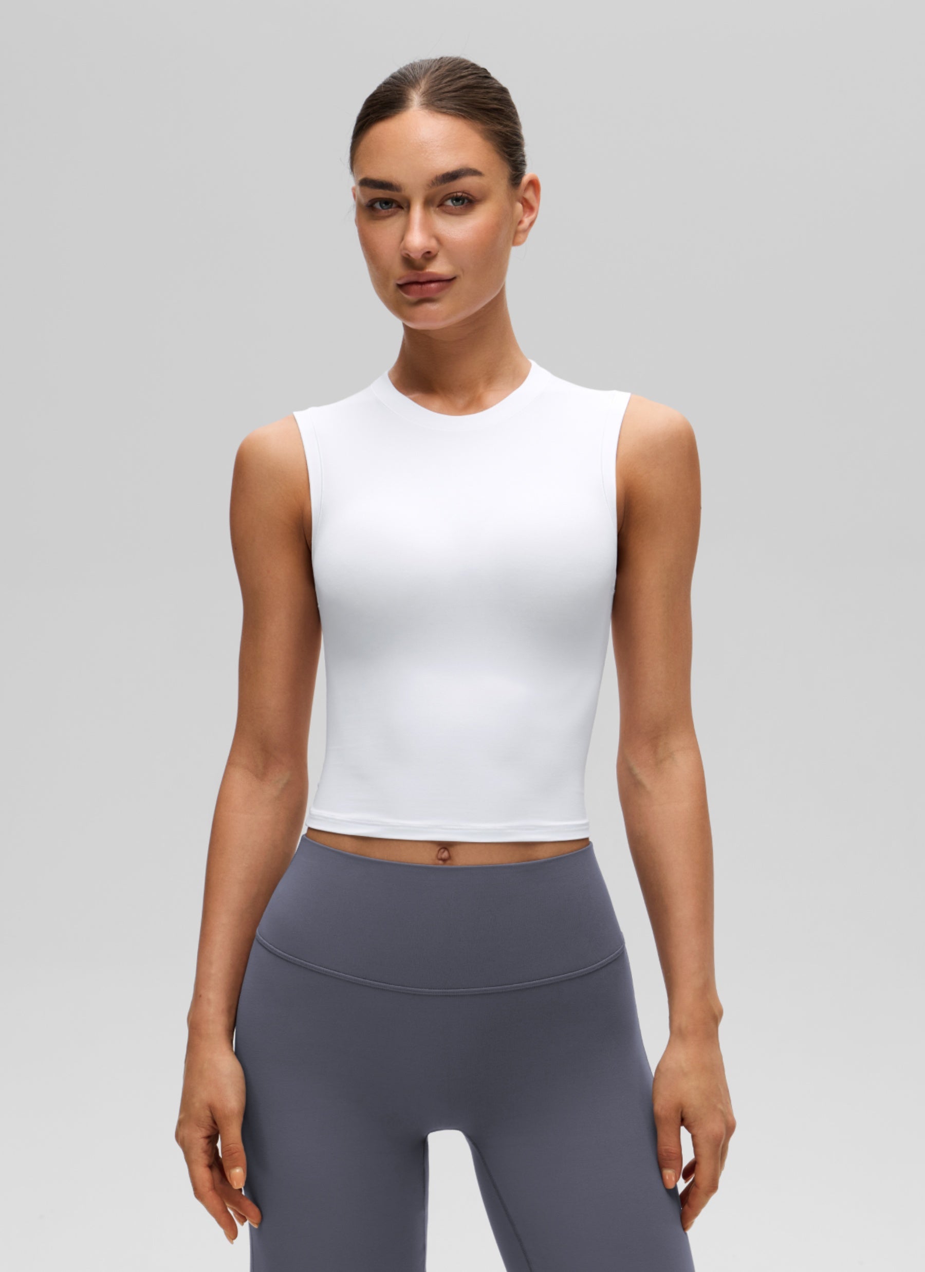 CRZ YOGA Women's Softembrace Casual Crop High Neck Tight Crewneck Tank White