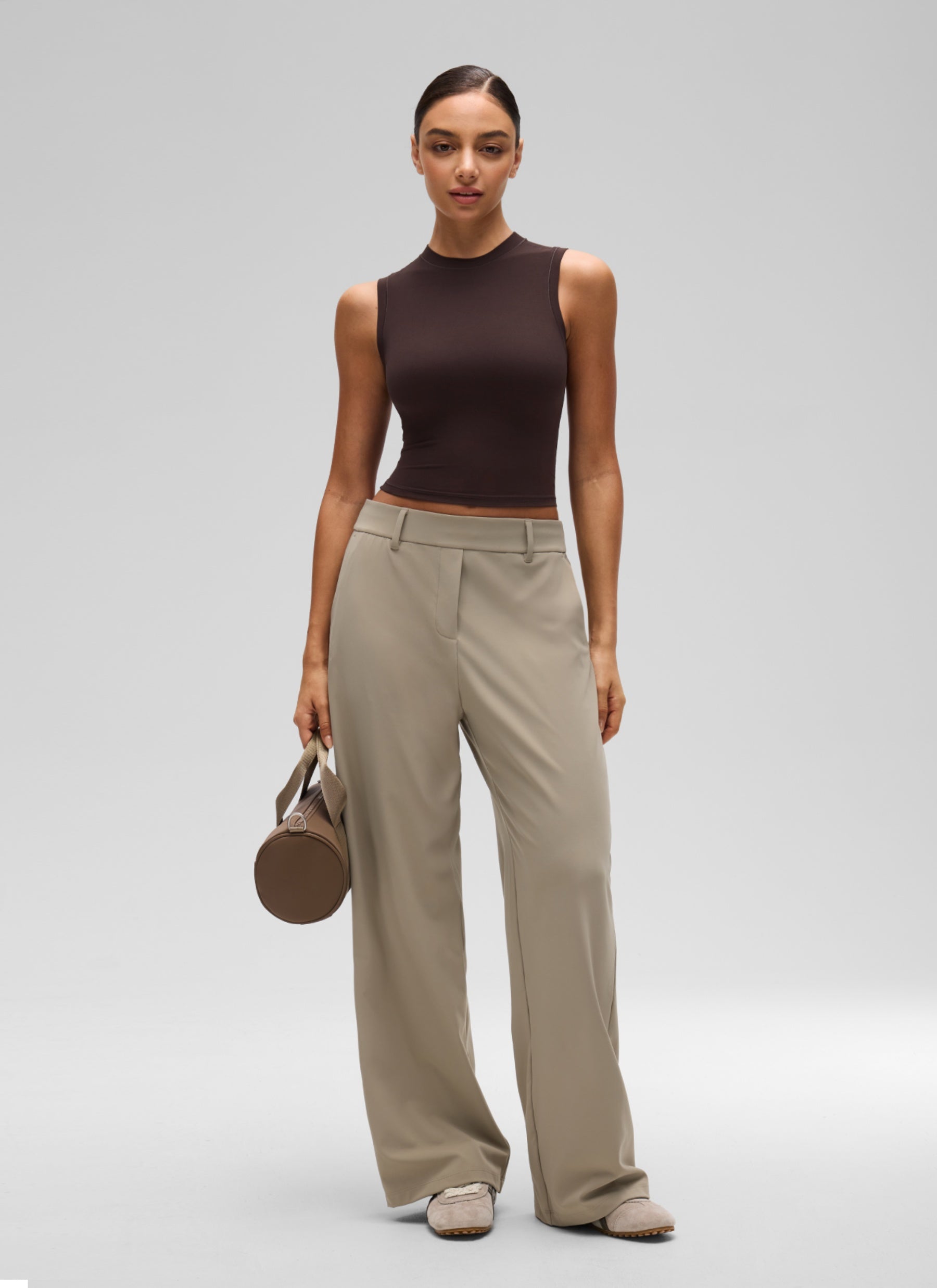 CRZ YOGA Women's Softembrace Casual Crop High Neck Tight Crewneck Tank Hot Fudge Brown