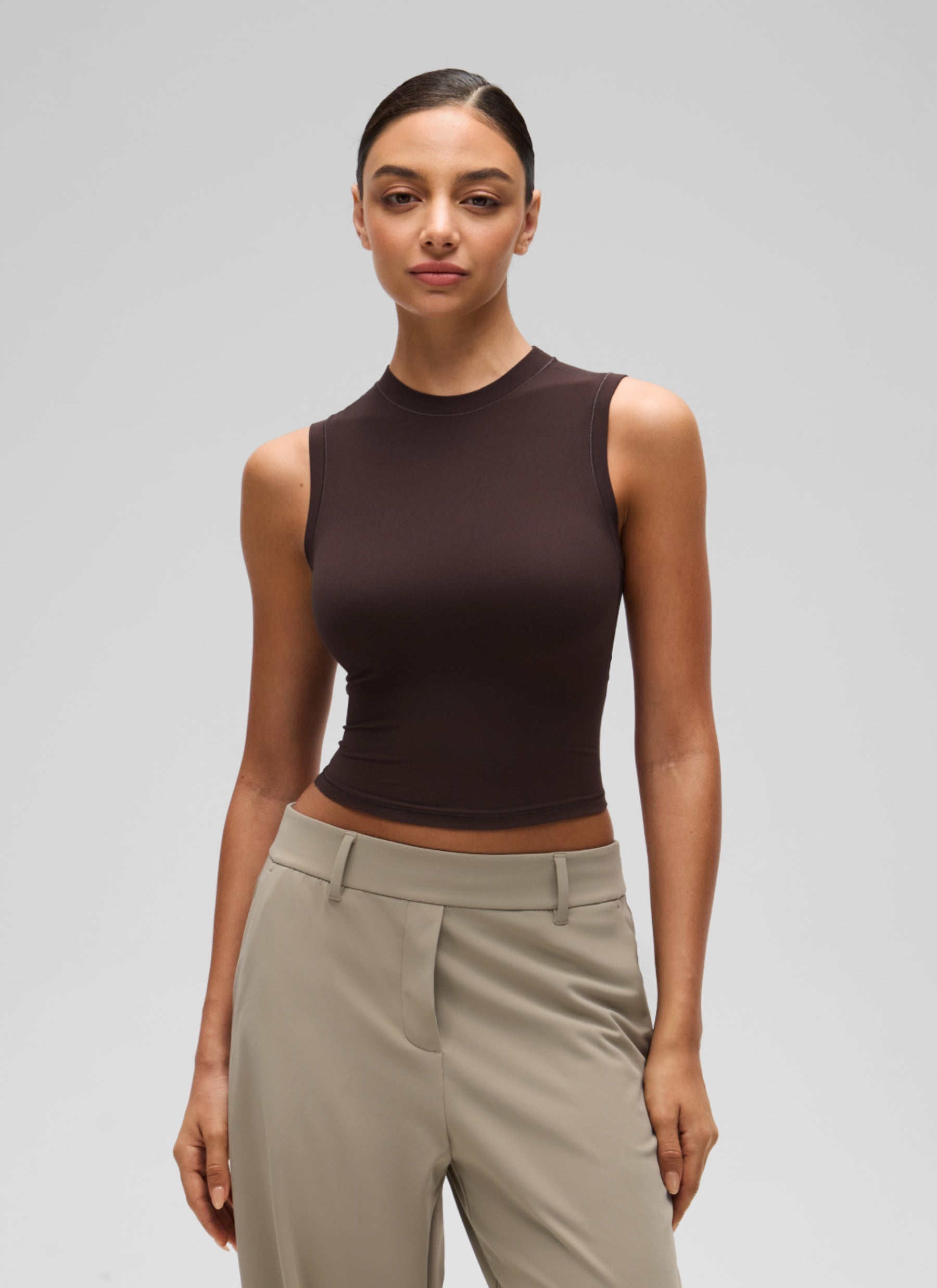 CRZ YOGA Women's Softembrace Casual Crop High Neck Tight Crewneck Tank Hot Fudge Brown