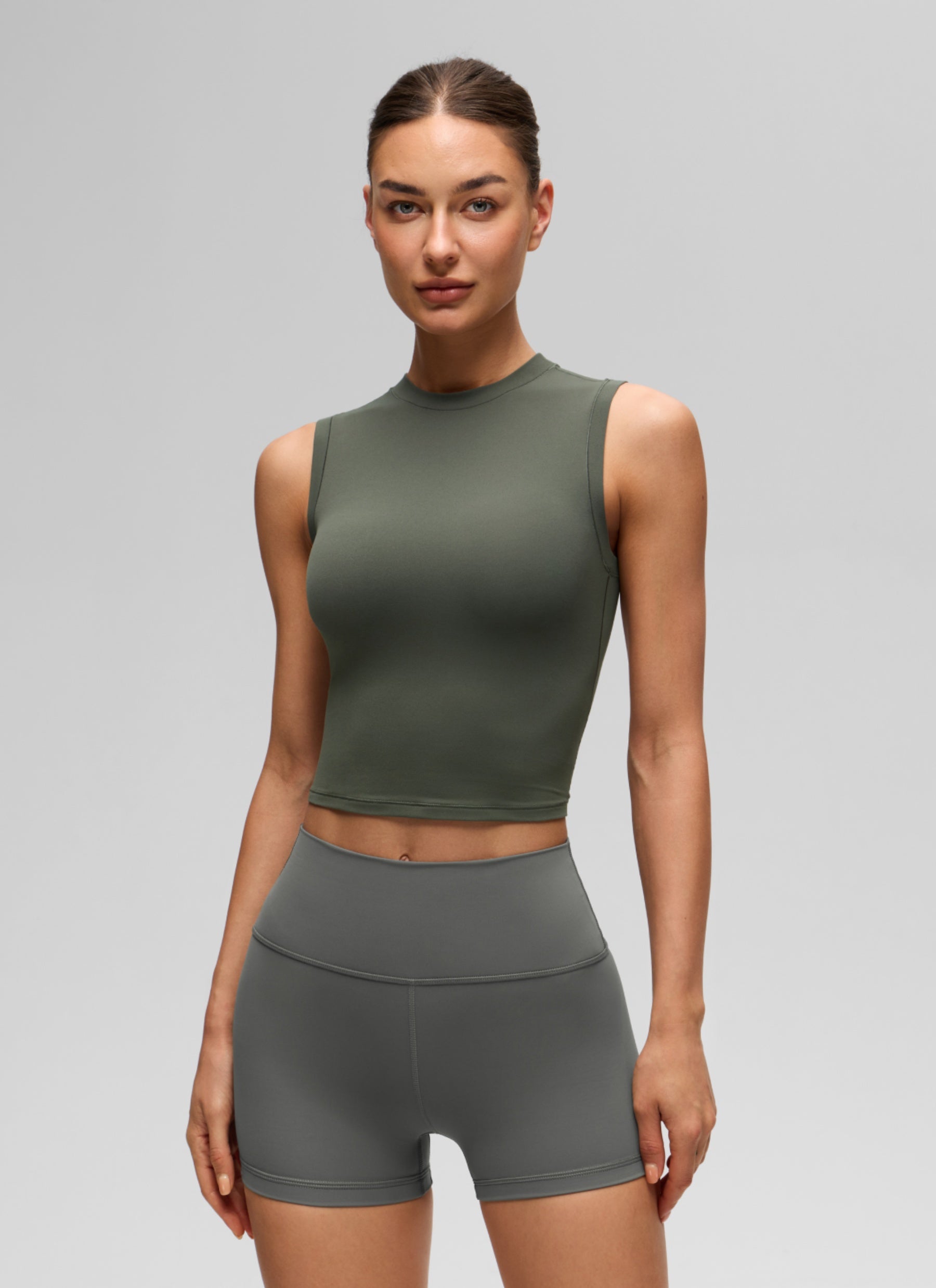 CRZ YOGA Women's Softembrace Casual Crop High Neck Tight Crewneck Tank Light Army Green