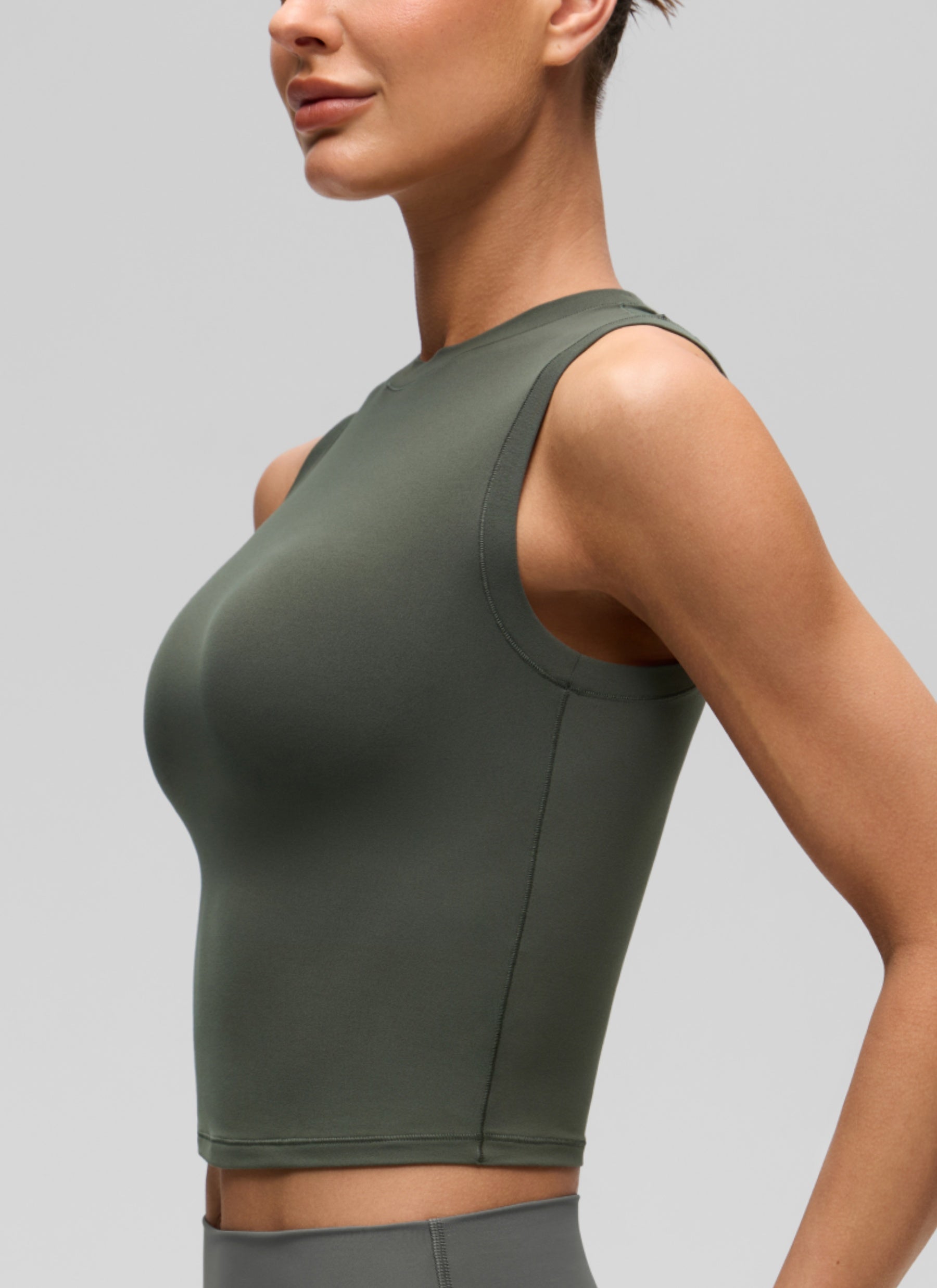 CRZ YOGA Women's Softembrace Casual Crop High Neck Tight Crewneck Tank Light Army Green