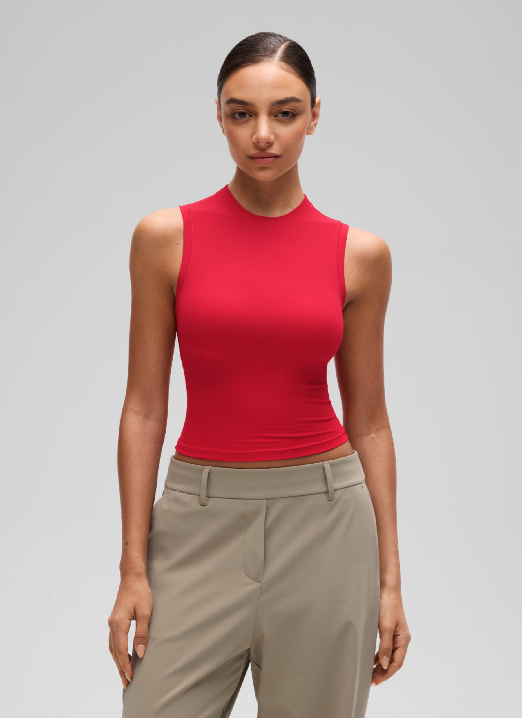 CRZ YOGA Women's Softembrace Casual Crop High Neck Tight Crewneck Tank Aurora Red