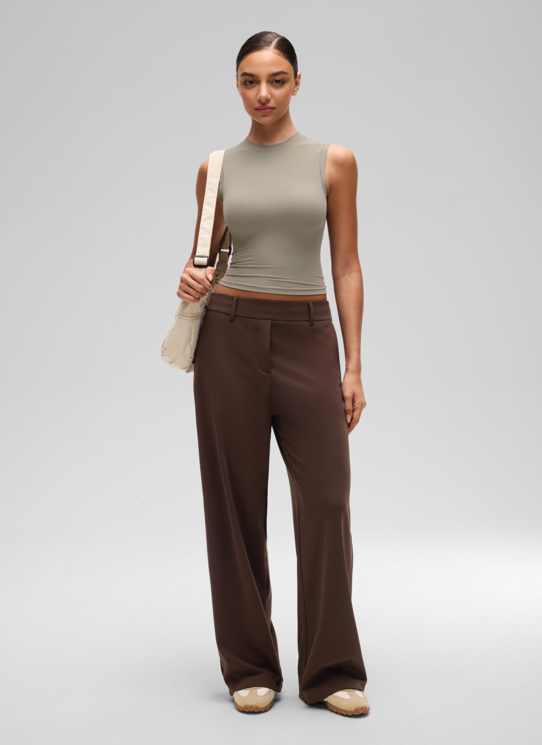 CRZ YOGA Women's Softembrace Casual Crop High Neck Tight Crewneck Tank Warm Ash Grey