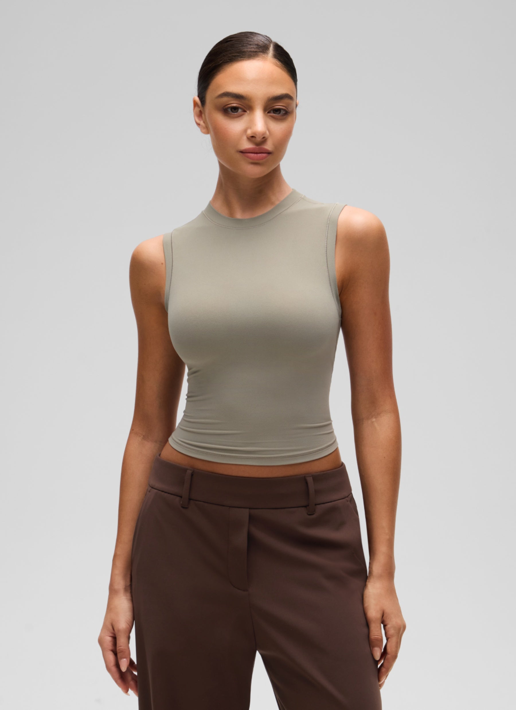 CRZ YOGA Women's Softembrace Casual Crop High Neck Tight Crewneck Tank Warm Ash Grey