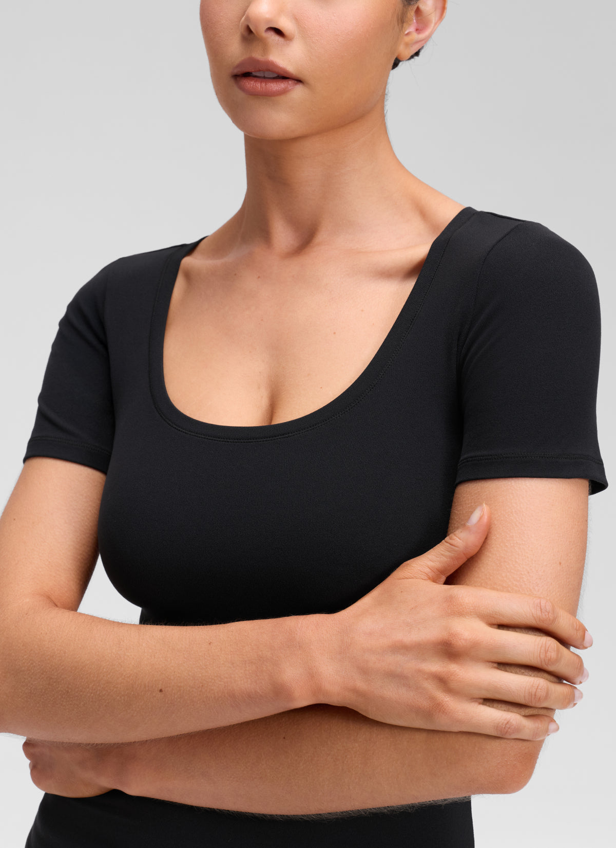 CRZ YOGA Women's Softembrace Casual U Neck Tight Fit Short Sleeve Black