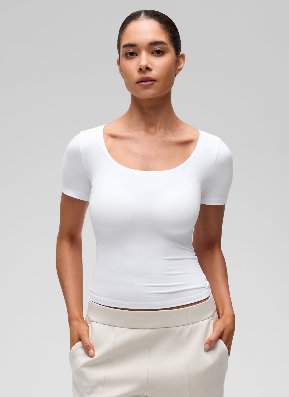 CRZ YOGA Women's Softembrace Casual U Neck Tight Fit Short Sleeve White
