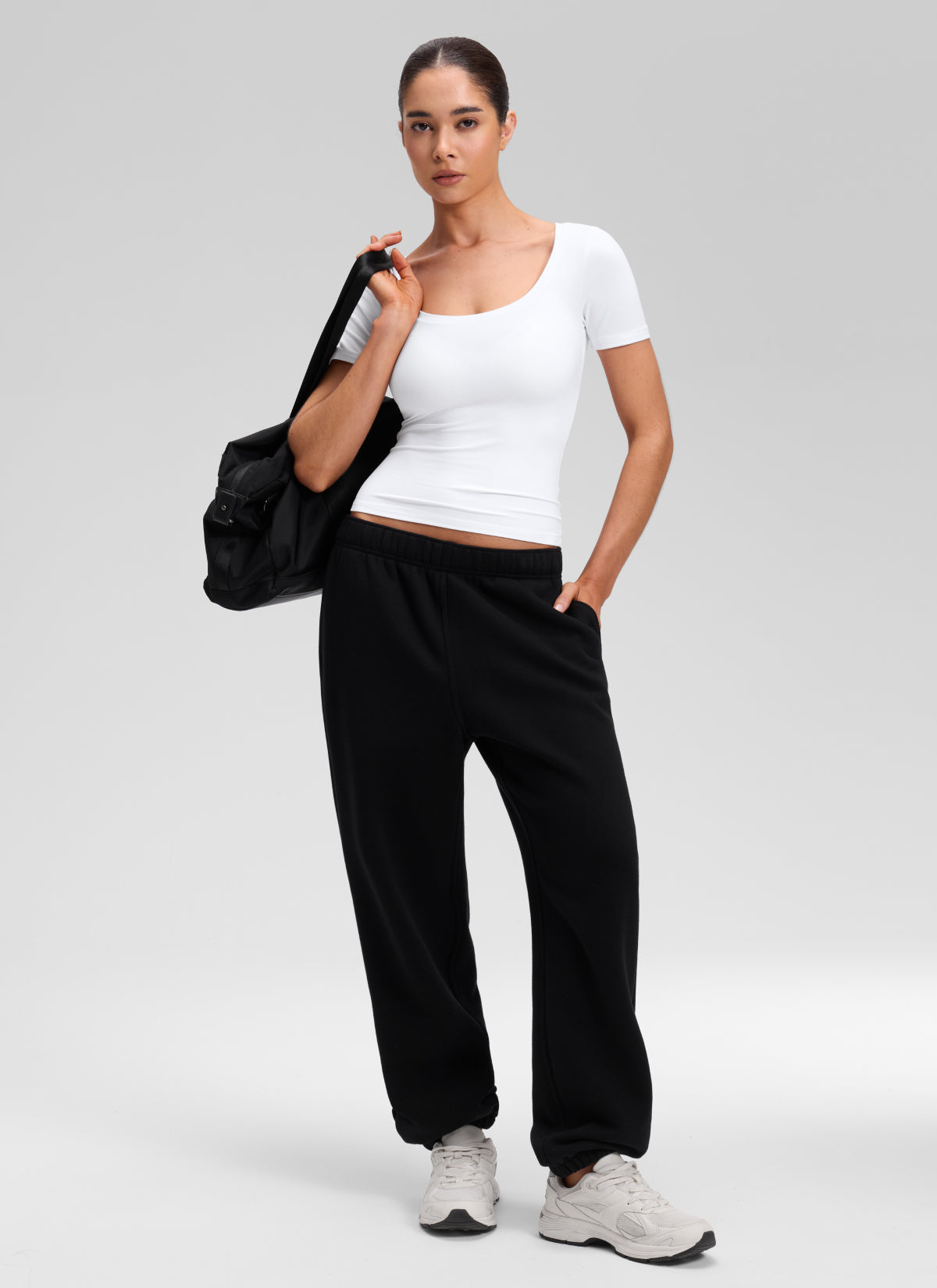 CRZ YOGA Women's Softembrace Casual U Neck Tight Fit Short Sleeve White