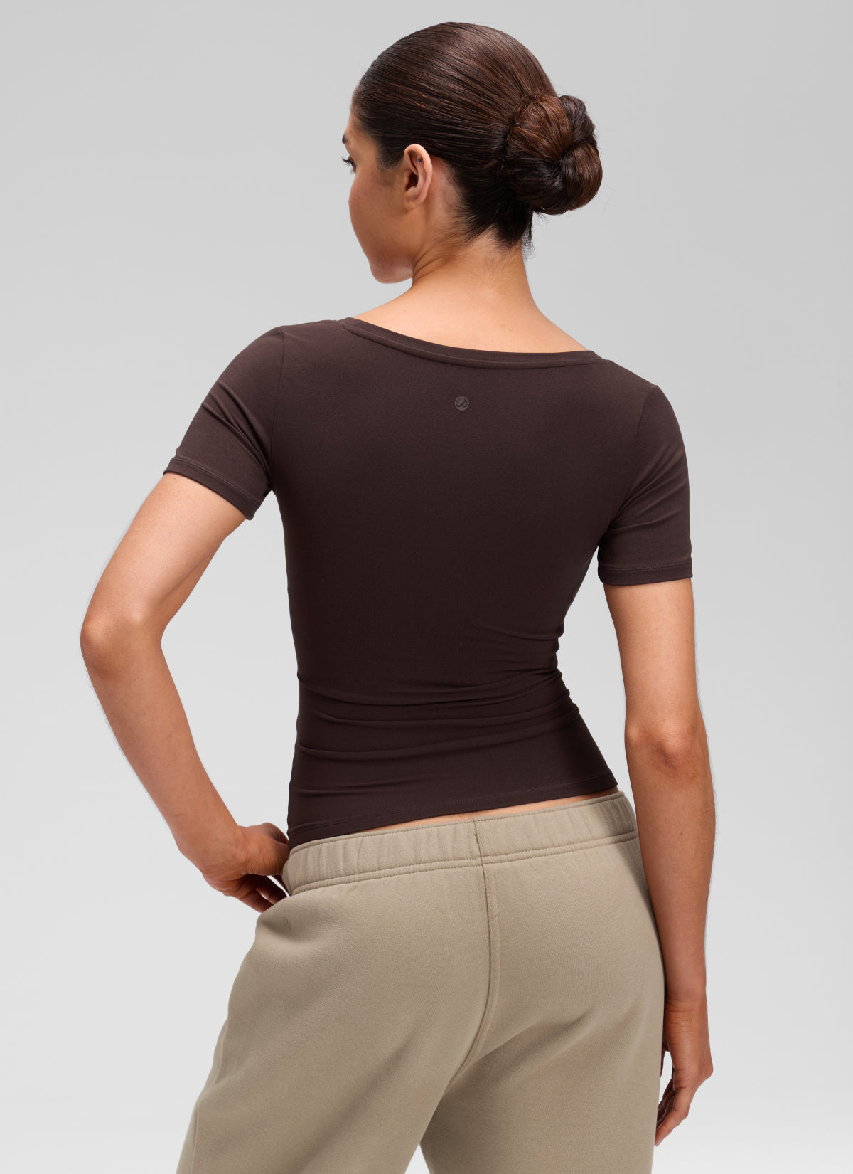 CRZ YOGA Women's Softembrace Casual U Neck Tight Fit Short Sleeve Hot Fudge Brown