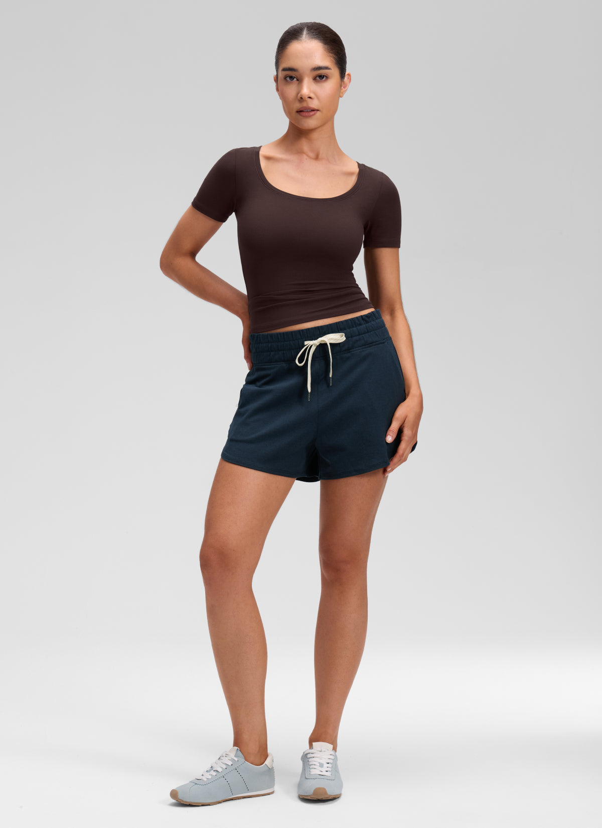 CRZ YOGA Women's Softembrace Casual U Neck Tight Fit Short Sleeve Hot Fudge Brown