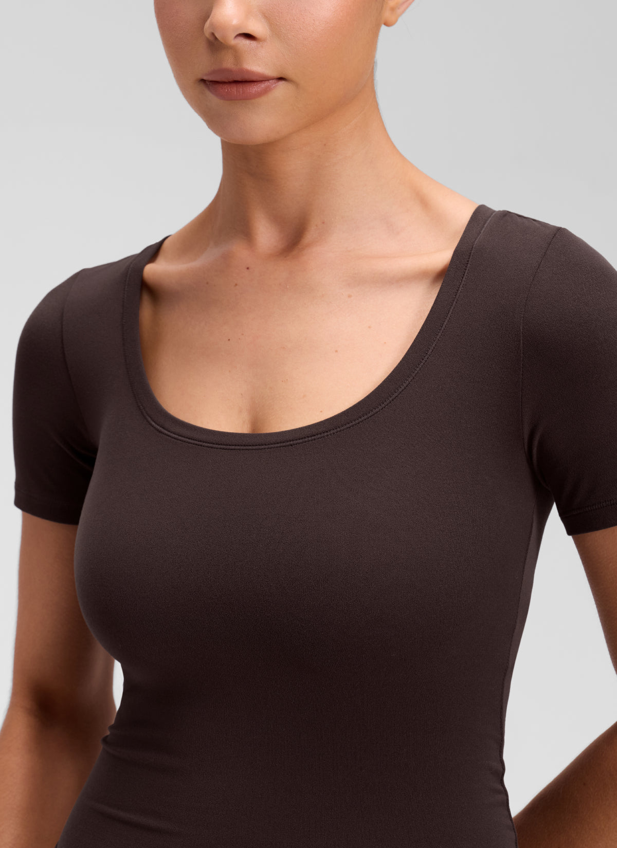 CRZ YOGA Women's Softembrace Casual U Neck Tight Fit Short Sleeve Hot Fudge Brown