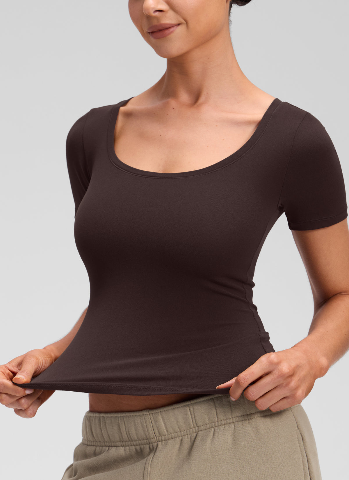 CRZ YOGA Women's Softembrace Casual U Neck Tight Fit Short Sleeve Hot Fudge Brown