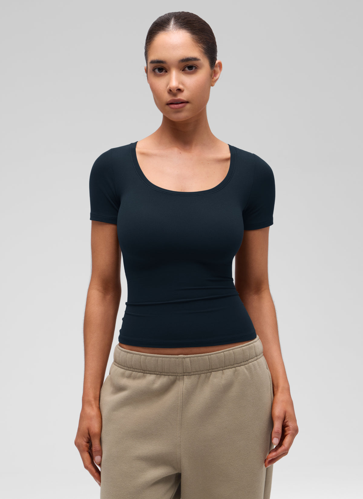 CRZ YOGA Women's Softembrace Casual U Neck Tight Fit Short Sleeve True Navy