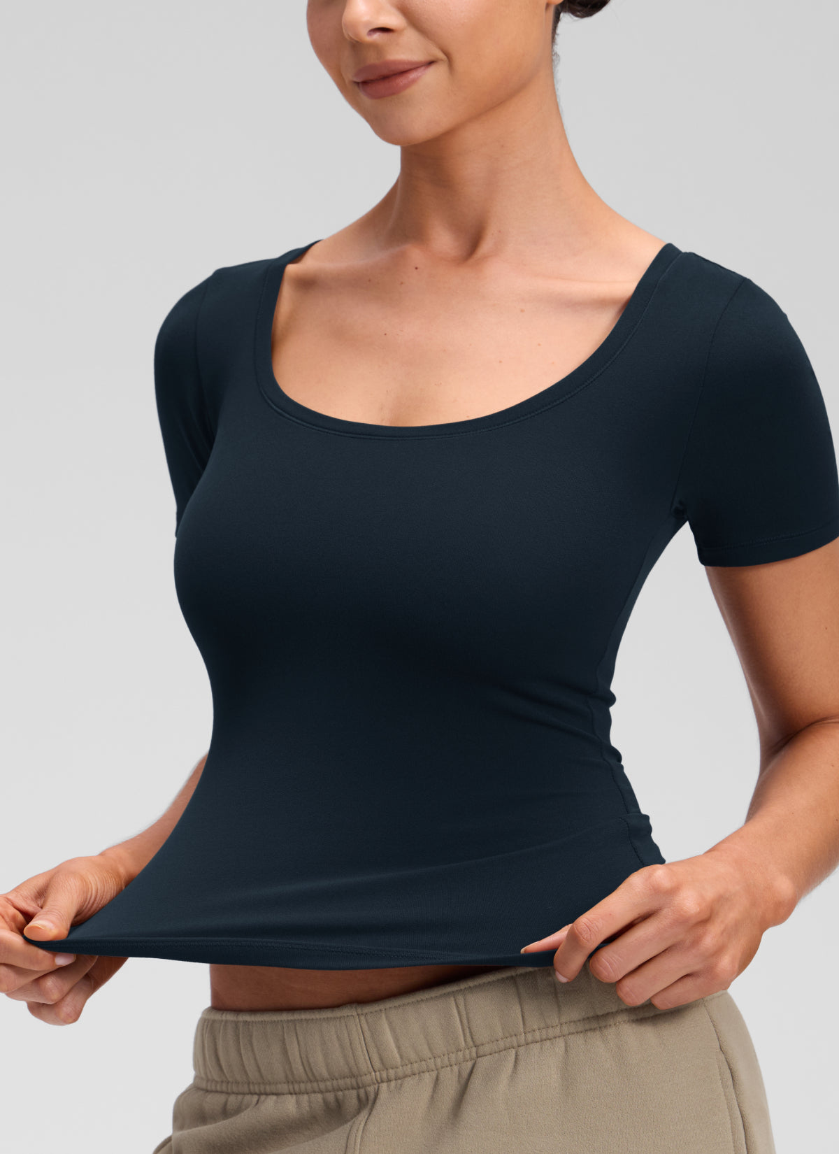 CRZ YOGA Women's Softembrace Casual U Neck Tight Fit Short Sleeve True Navy