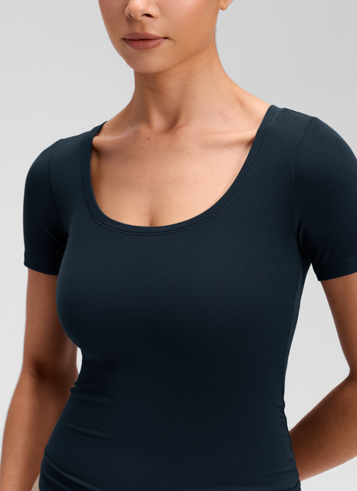 CRZ YOGA Women's Softembrace Casual U Neck Tight Fit Short Sleeve True Navy