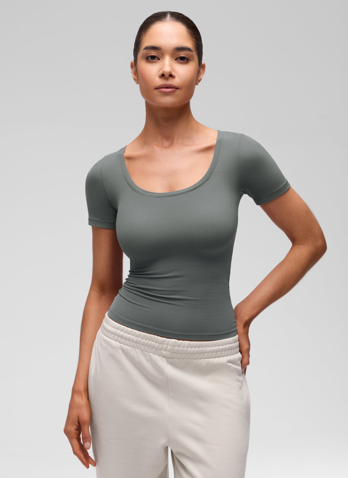 CRZ YOGA Women's Softembrace Casual U Neck Tight Fit Short Sleeve Grey Sage