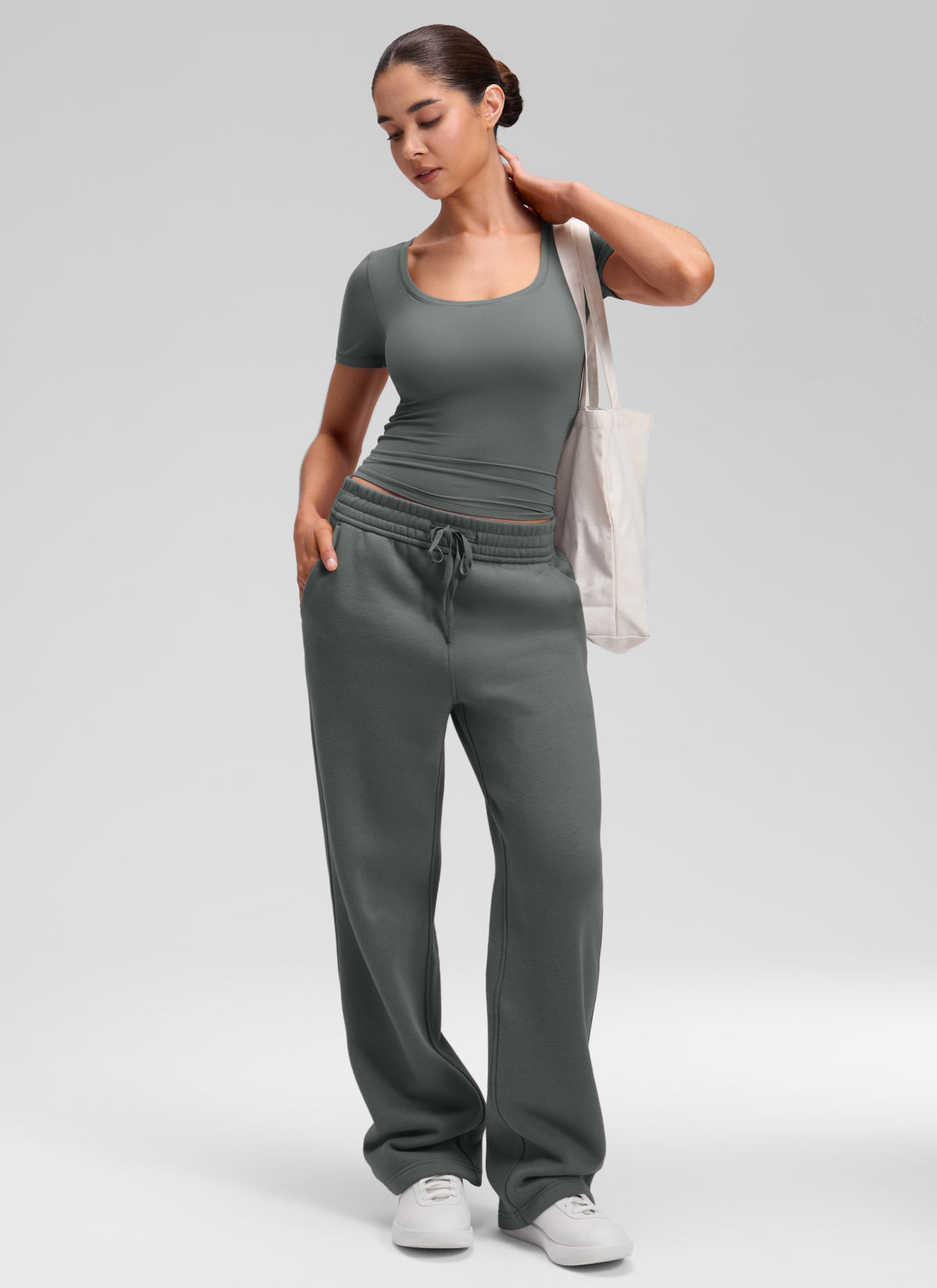 CRZ YOGA Women's Softembrace Casual U Neck Tight Fit Short Sleeve Grey Sage