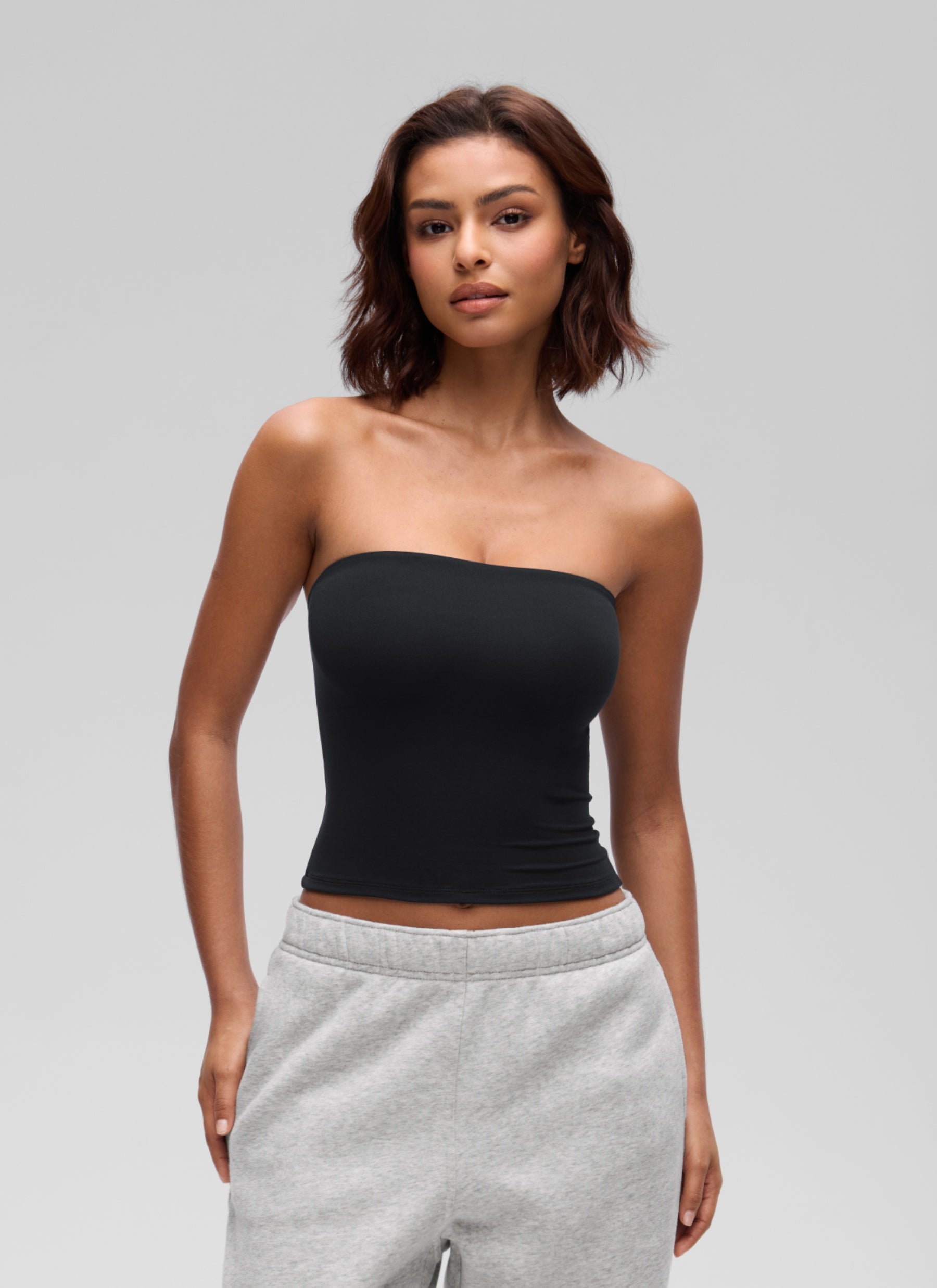 CRZ YOGA Women's Softembrace Casual Double Lined Crop Strapless Top Black