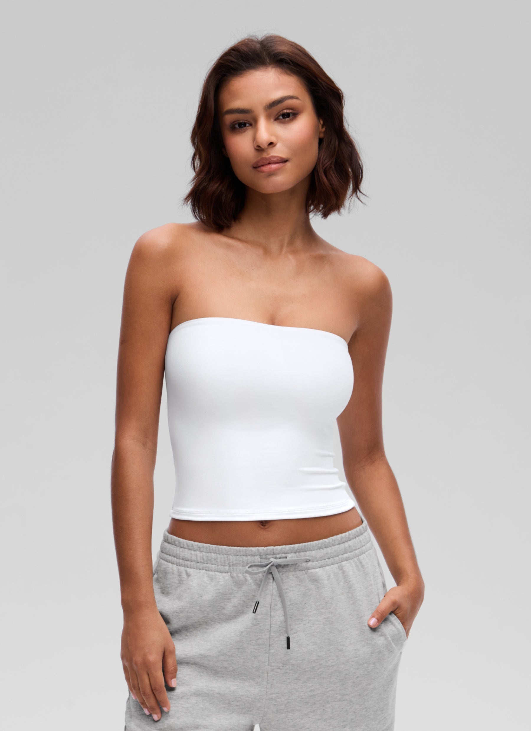 CRZ YOGA Women's Softembrace Casual Double Lined Crop Strapless Top White