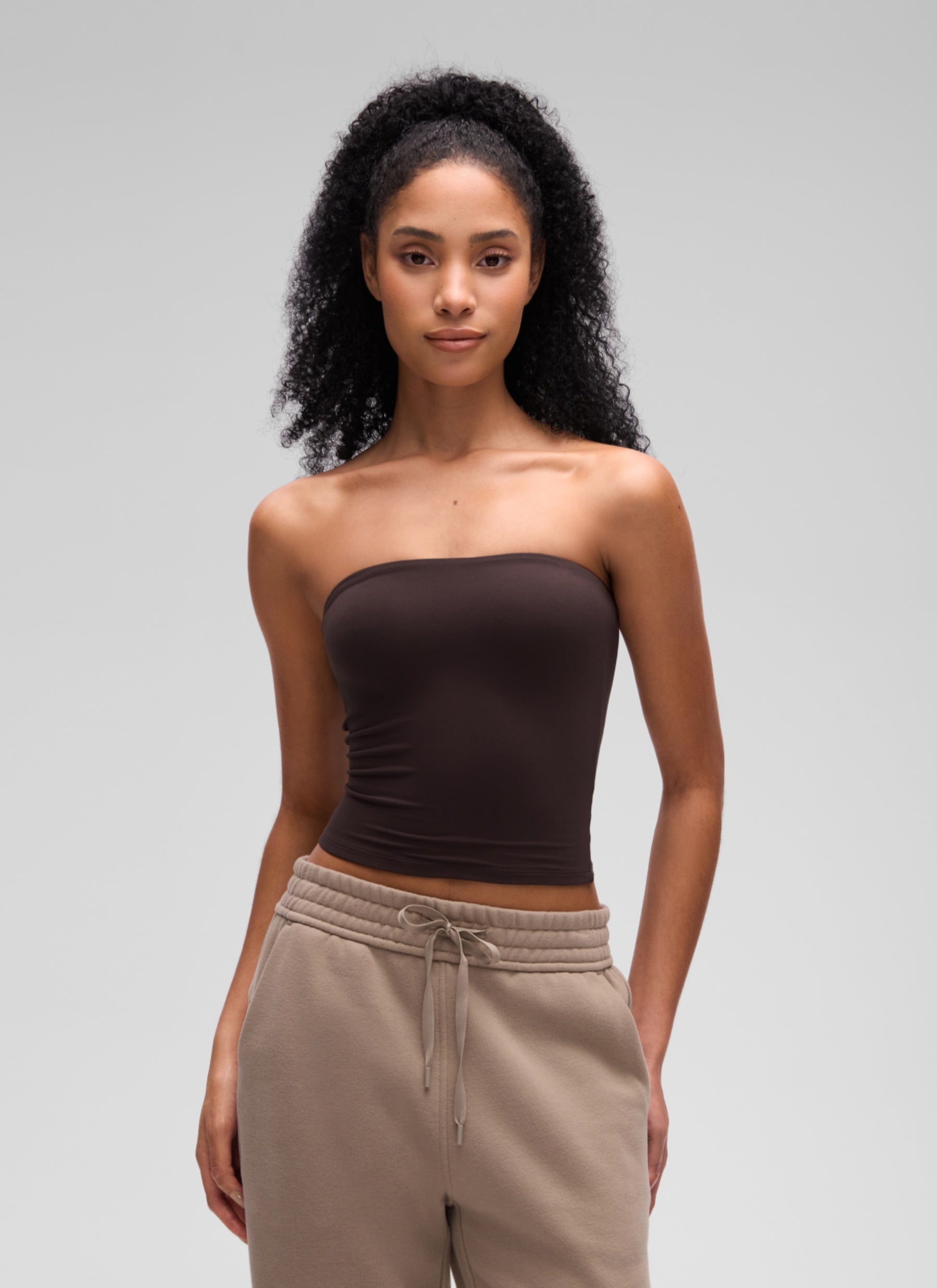 CRZ YOGA Women's Softembrace Casual Double Lined Crop Strapless Top Hot Fudge Brown