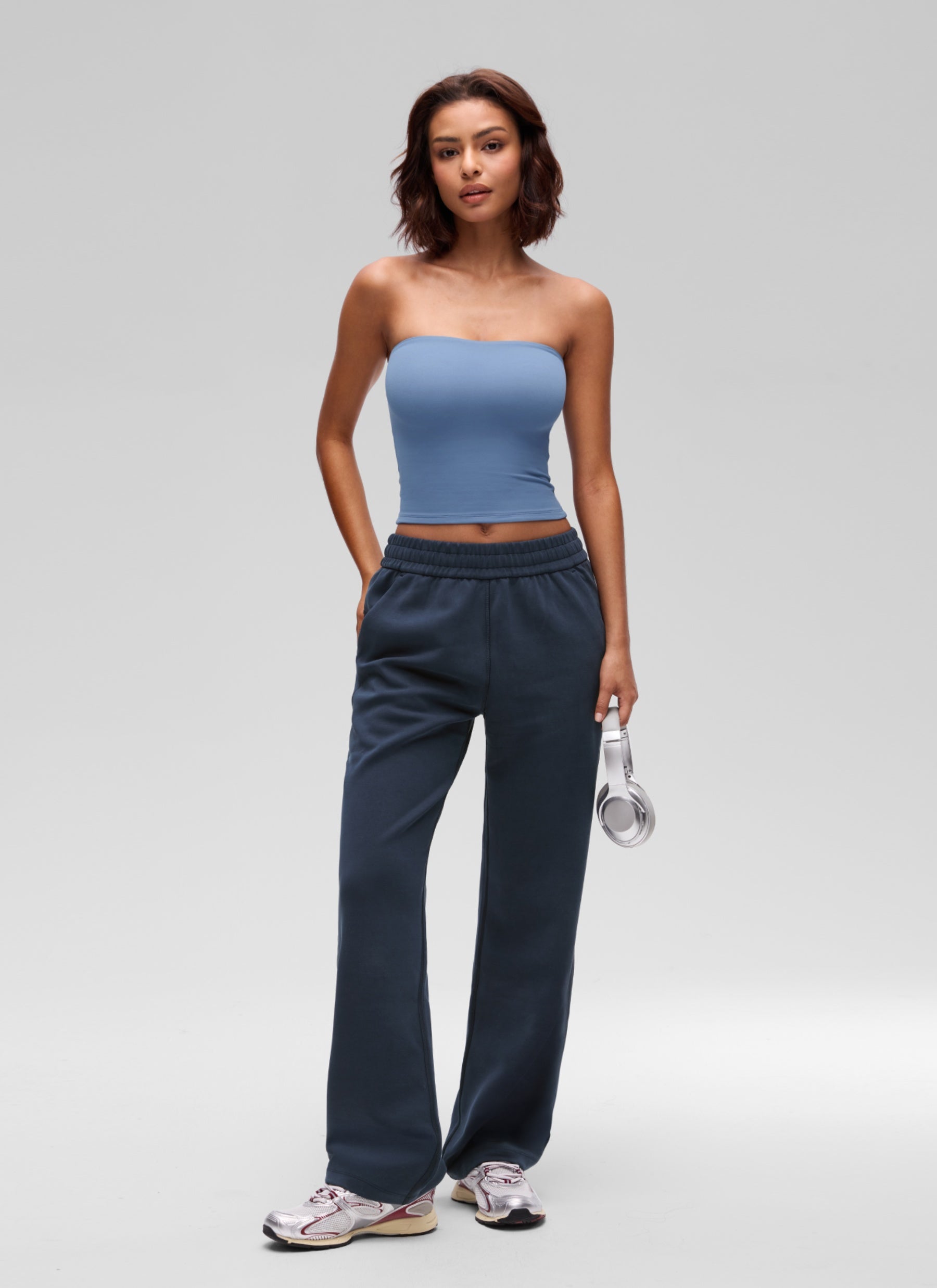CRZ YOGA Women's Softembrace Casual Double Lined Crop Strapless Top Oasis Blue
