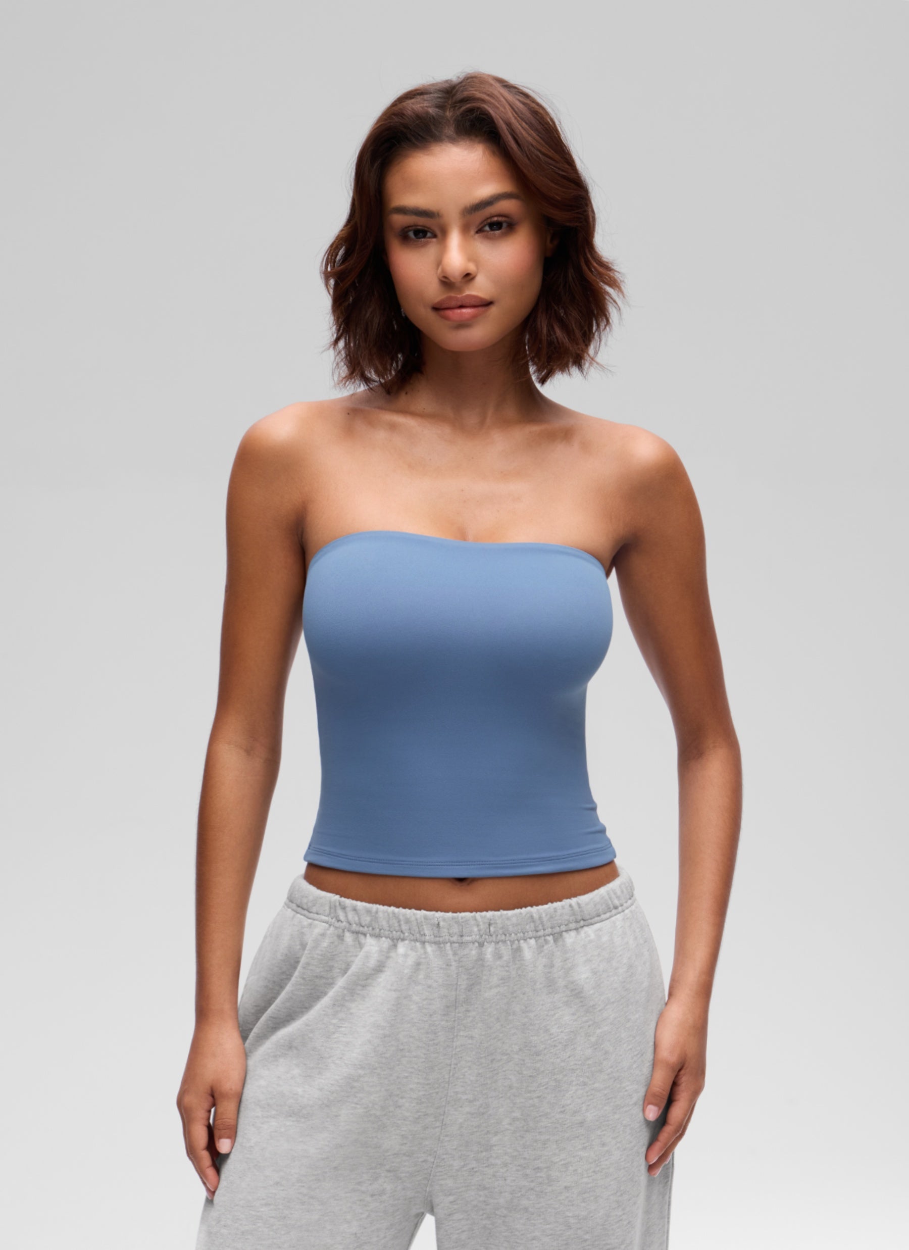 CRZ YOGA Women's Softembrace Casual Double Lined Crop Strapless Top Oasis Blue