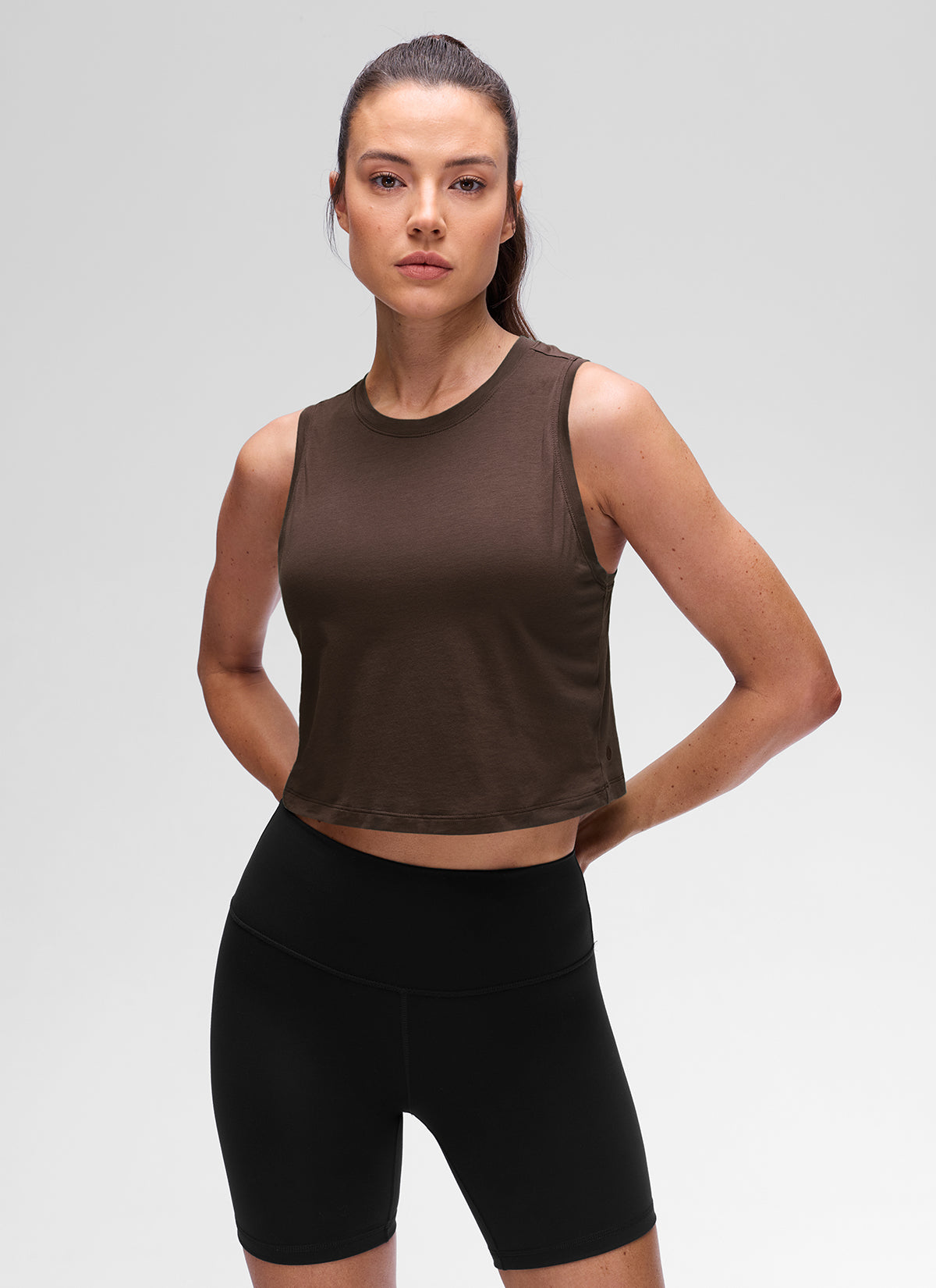 CRZ YOGA Women's Pima Cotton Casual Crewneck RacerBack Crop Tank Hot Fudge Brown