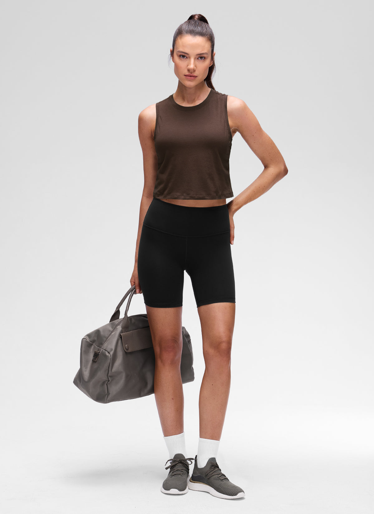 CRZ YOGA Women's Pima Cotton Casual Crewneck RacerBack Crop Tank Hot Fudge Brown