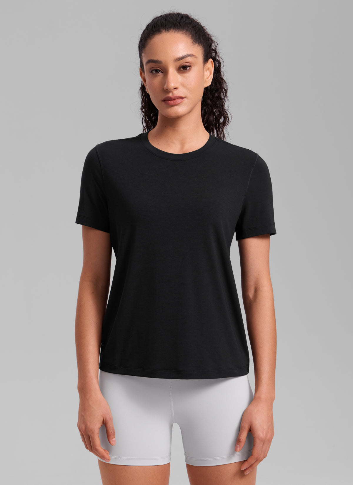 CRZ YOGA Women's Quick Dry Workout Crewneck Hip Length Short Sleeve Black