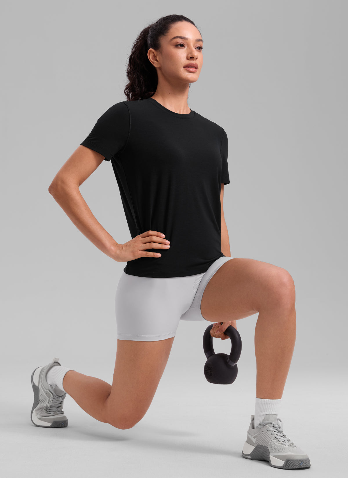 CRZ YOGA Women's Quick Dry Workout Crewneck Hip Length Short Sleeve Black