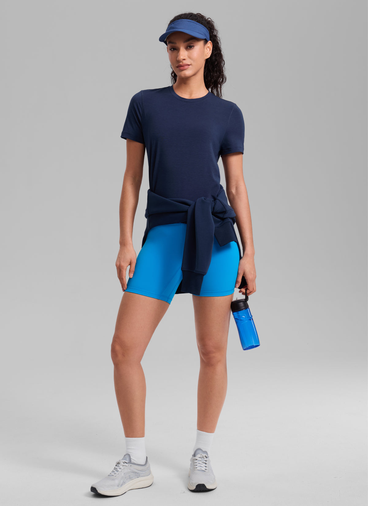 CRZ YOGA Women's Quick Dry Workout Crewneck Hip Length Short Sleeve Club Blue