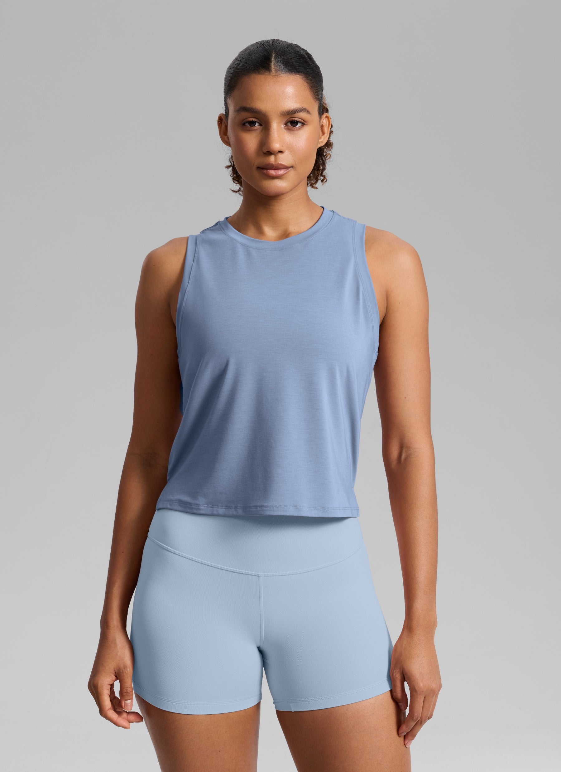 CRZ YOGA Women's Quick Dry Crop Racerback Sleevesless Tank Tops Washed Denim