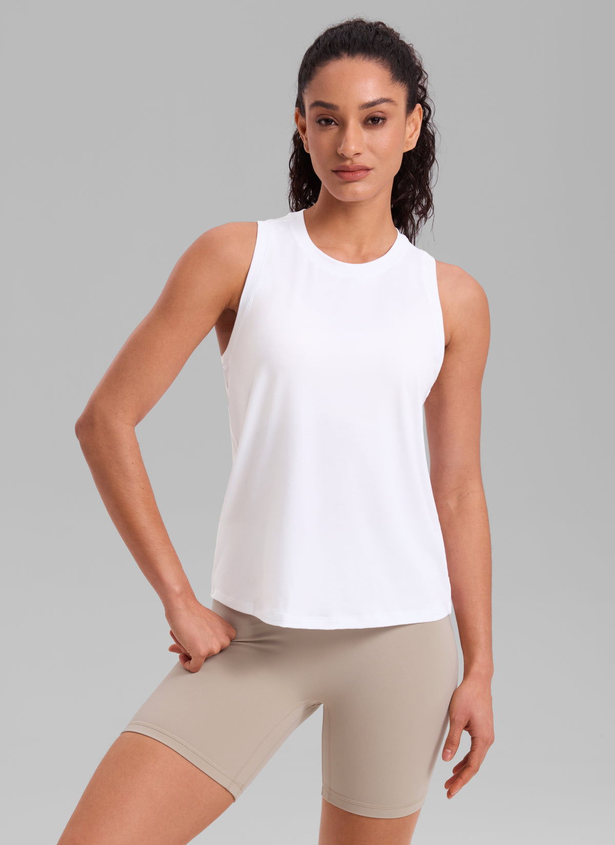 CRZ YOGA Women's Quick Dry Workout Crew Neck Racerback Hip Length Tank White
