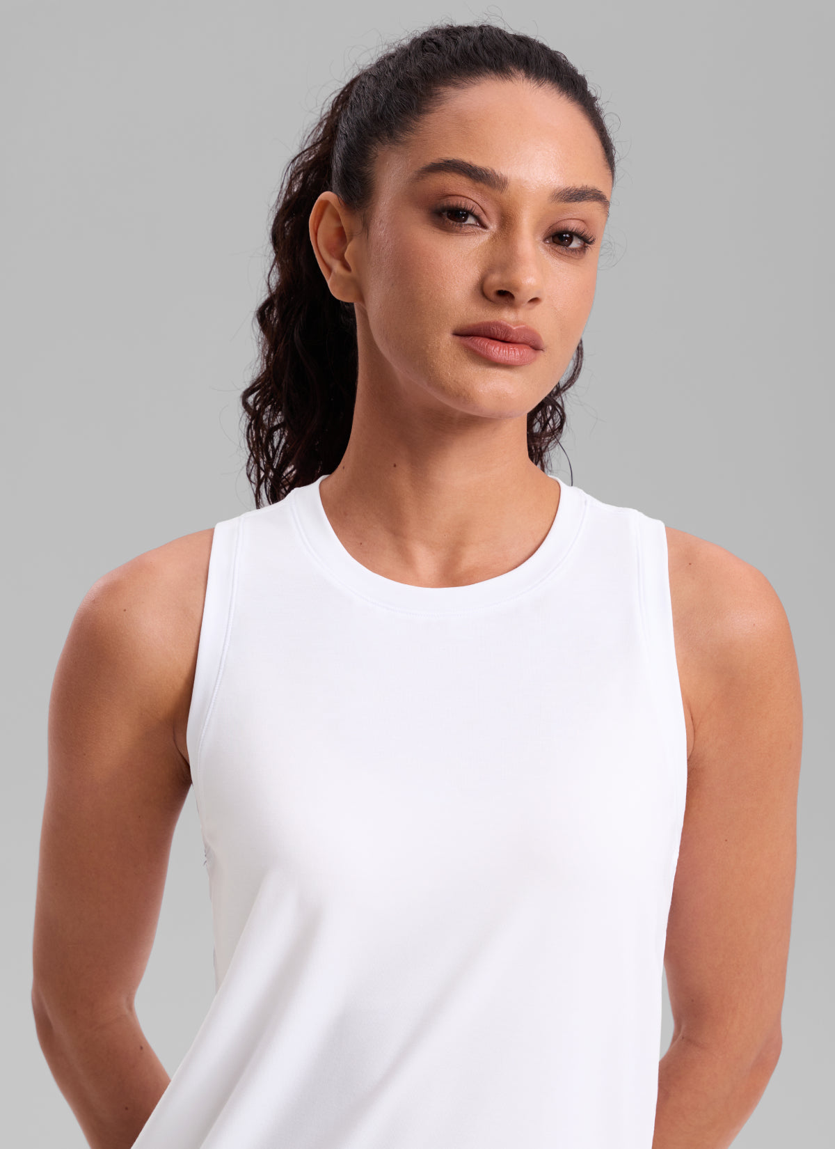 CRZ YOGA Women's Quick Dry Workout Crew Neck Racerback Hip Length Tank White