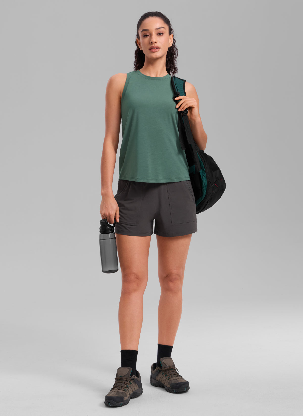 CRZ YOGA Women's Quick Dry Workout Crew Neck Racerback Hip Length Tank Graphite Green