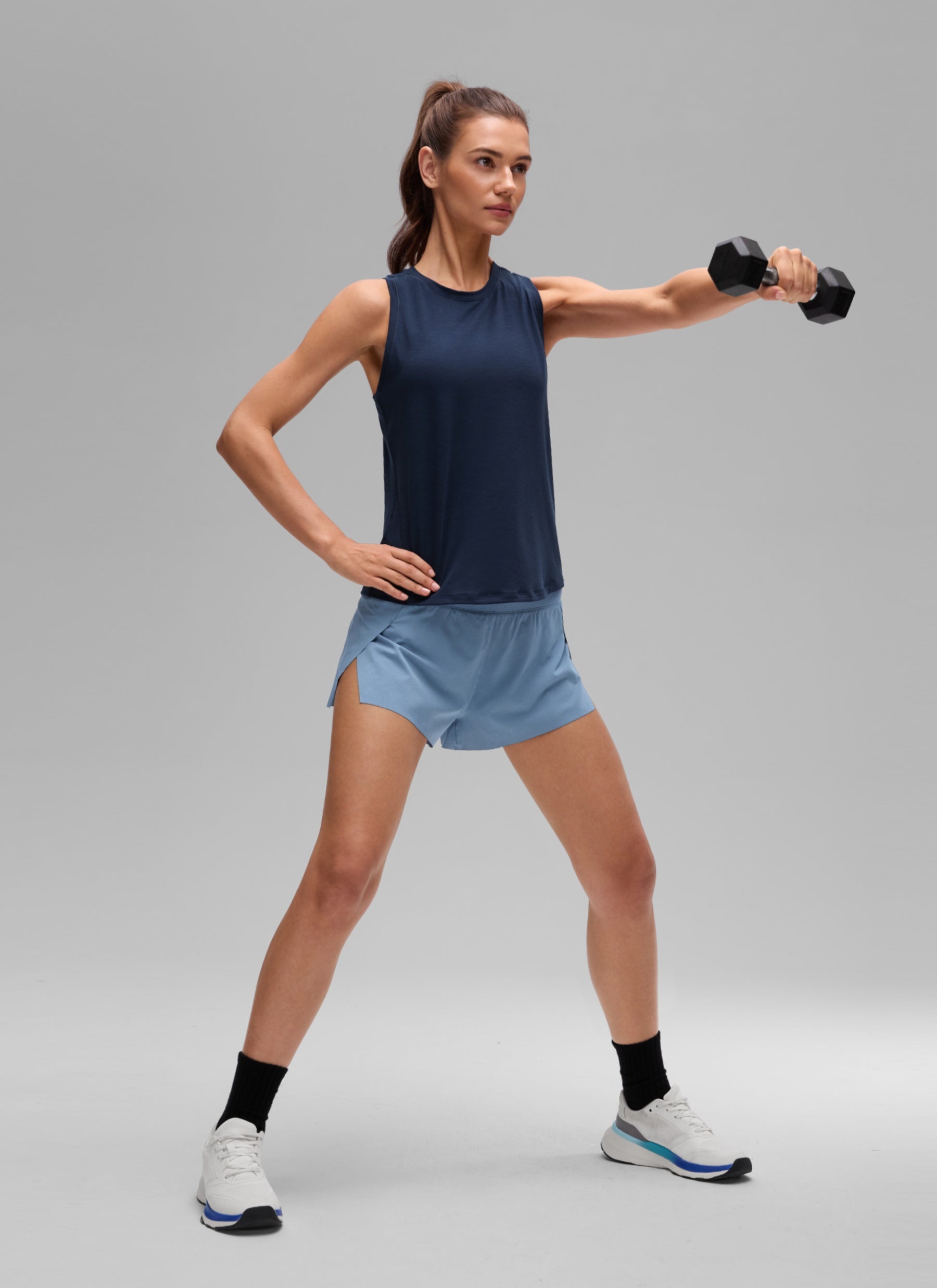 CRZ YOGA Women's Quick Dry Workout Crew Neck Racerback Hip Length Tank Club Blue