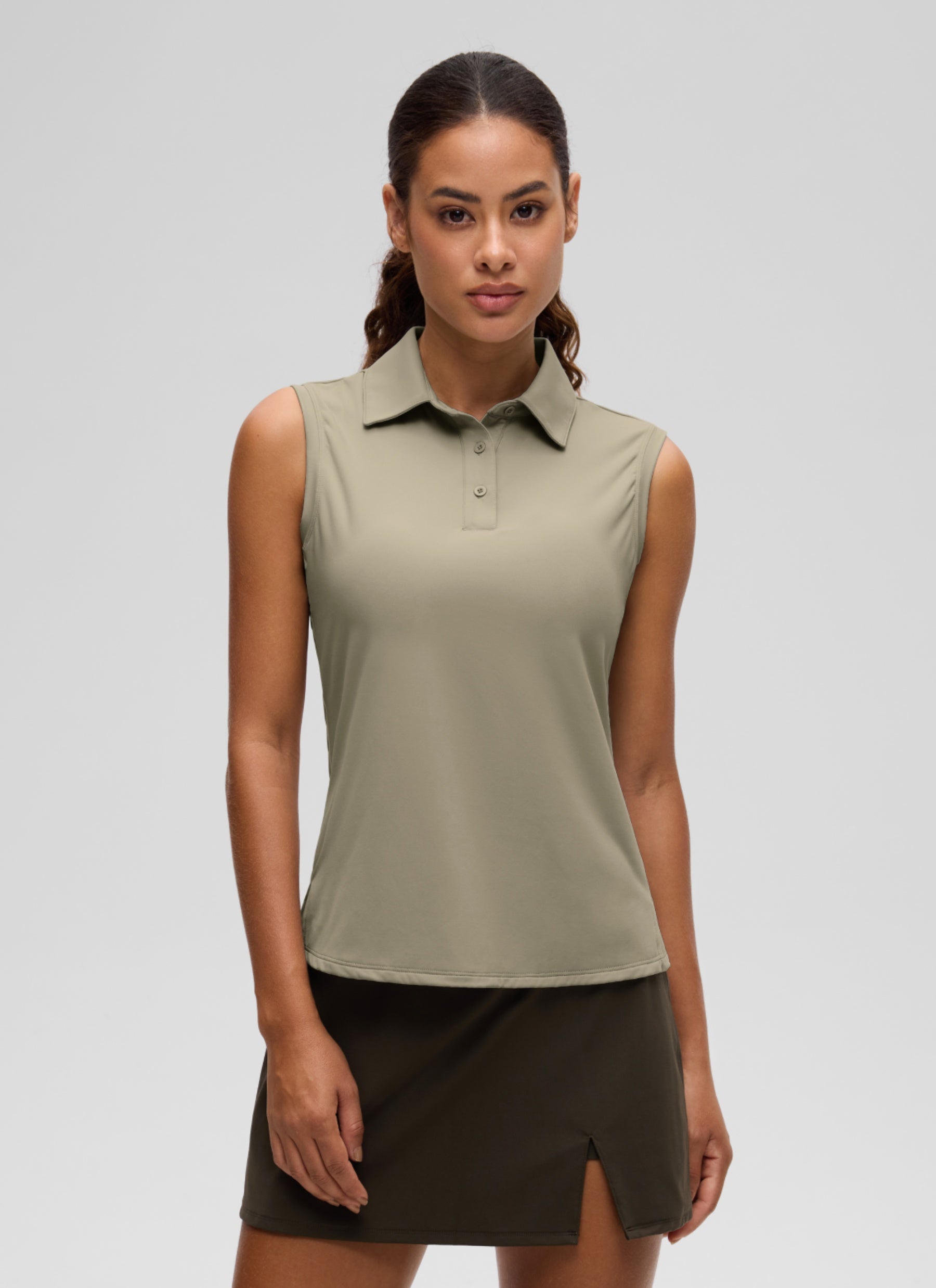 CRZ YOGA Women's Golf Tennis Hip Length Slim Fit Sleeveless Polo Warm Ash Grey