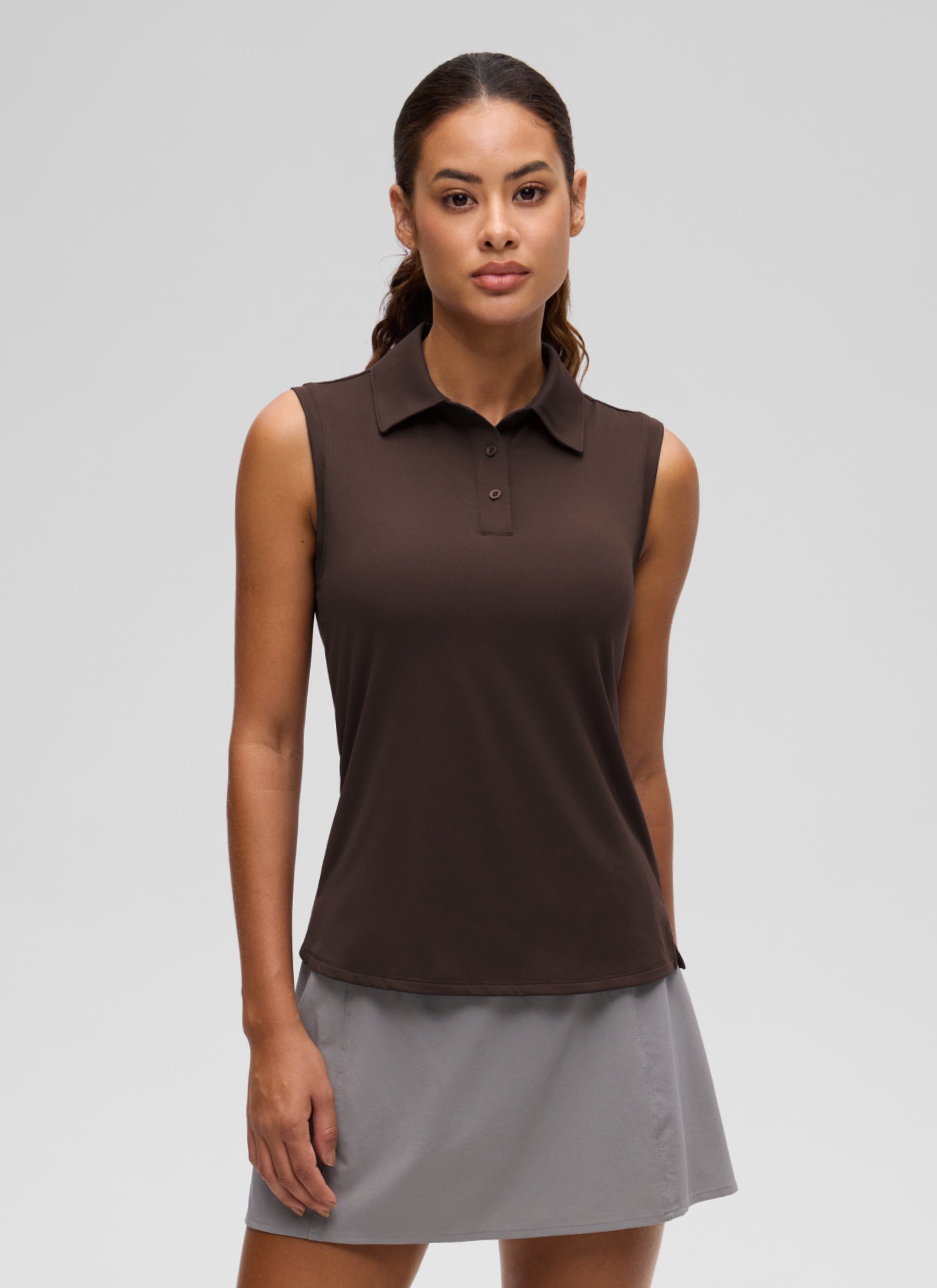 CRZ YOGA Women's Golf Tennis Hip Length Slim Fit Sleeveless Polo Hot Fudge Brown
