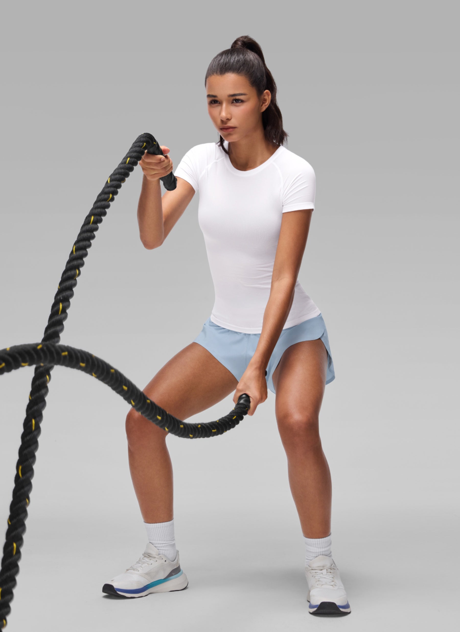 CRZ YOGA Women's Workout Seamless Crewneck Fitted Hip Short Sleeves White
