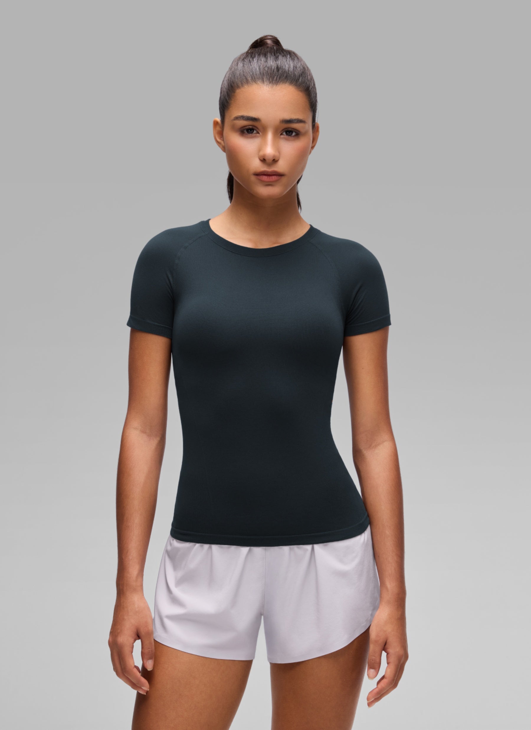 CRZ YOGA Women's Workout Seamless Crewneck Fitted Hip Short Sleeves True Navy