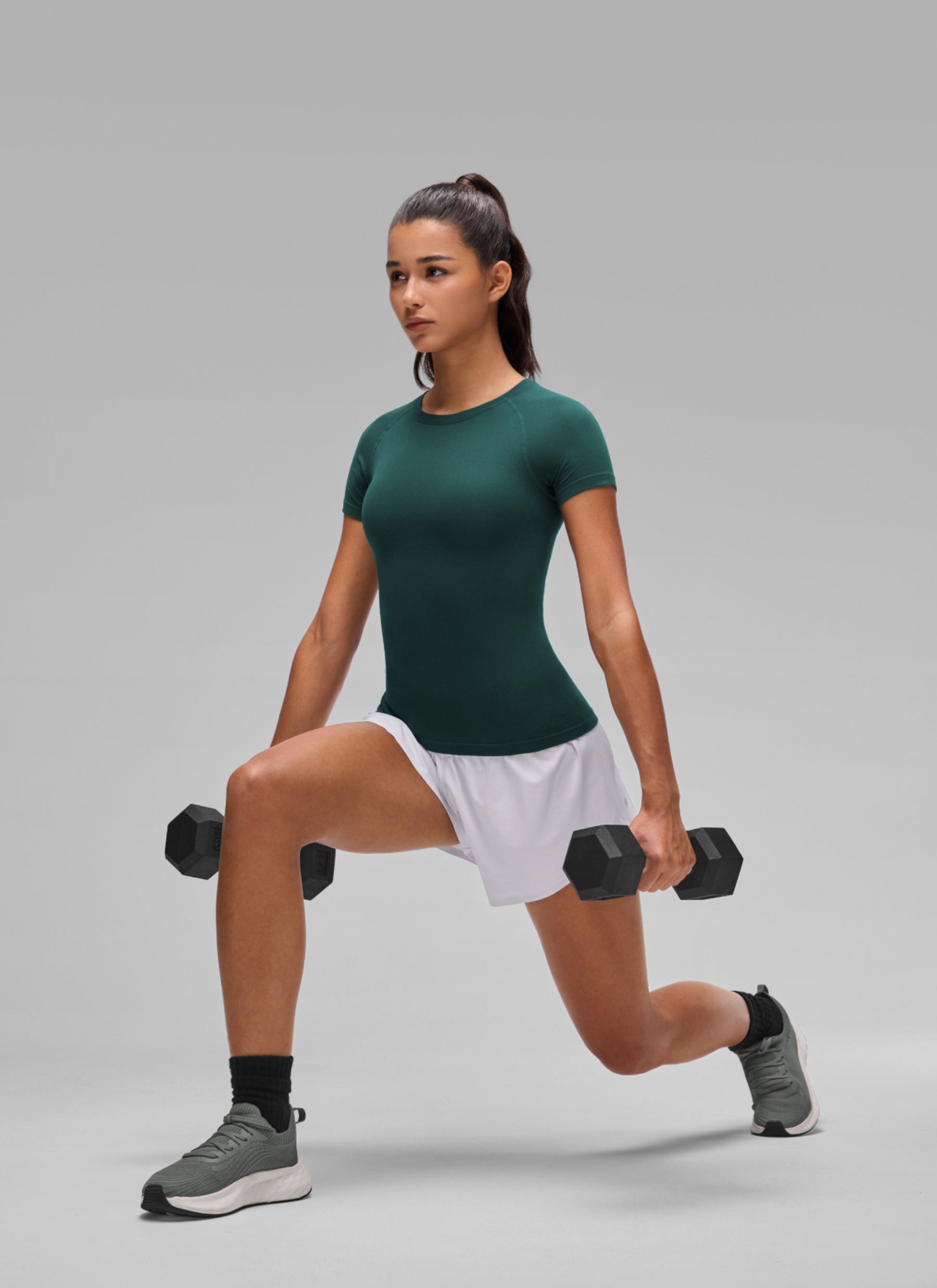 CRZ YOGA Women's Workout Seamless Crewneck Fitted Hip Short Sleeves Forest Green