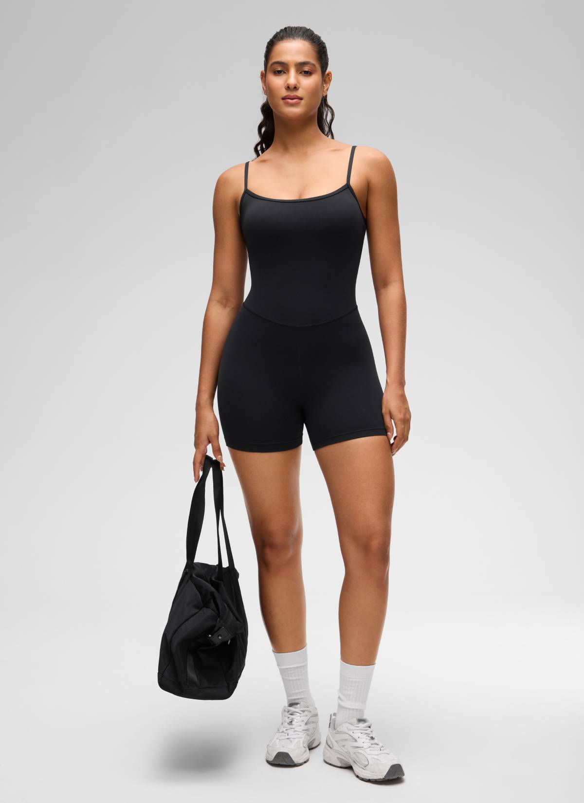 CRZ YOGA Women's Yoga Tight Fit Romper Shorts Bodysuit Jumpsuits Black @model_info:Carol