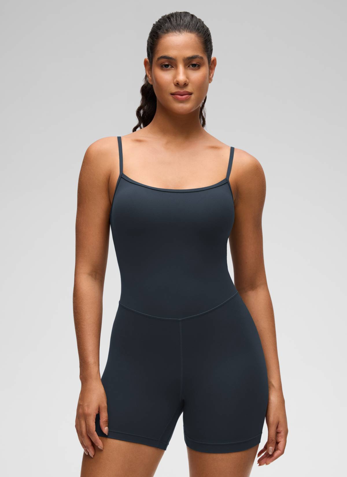 CRZ YOGA Women's Yoga Tight Fit Romper Shorts Bodysuit Jumpsuits True Navy @model_info:Carol