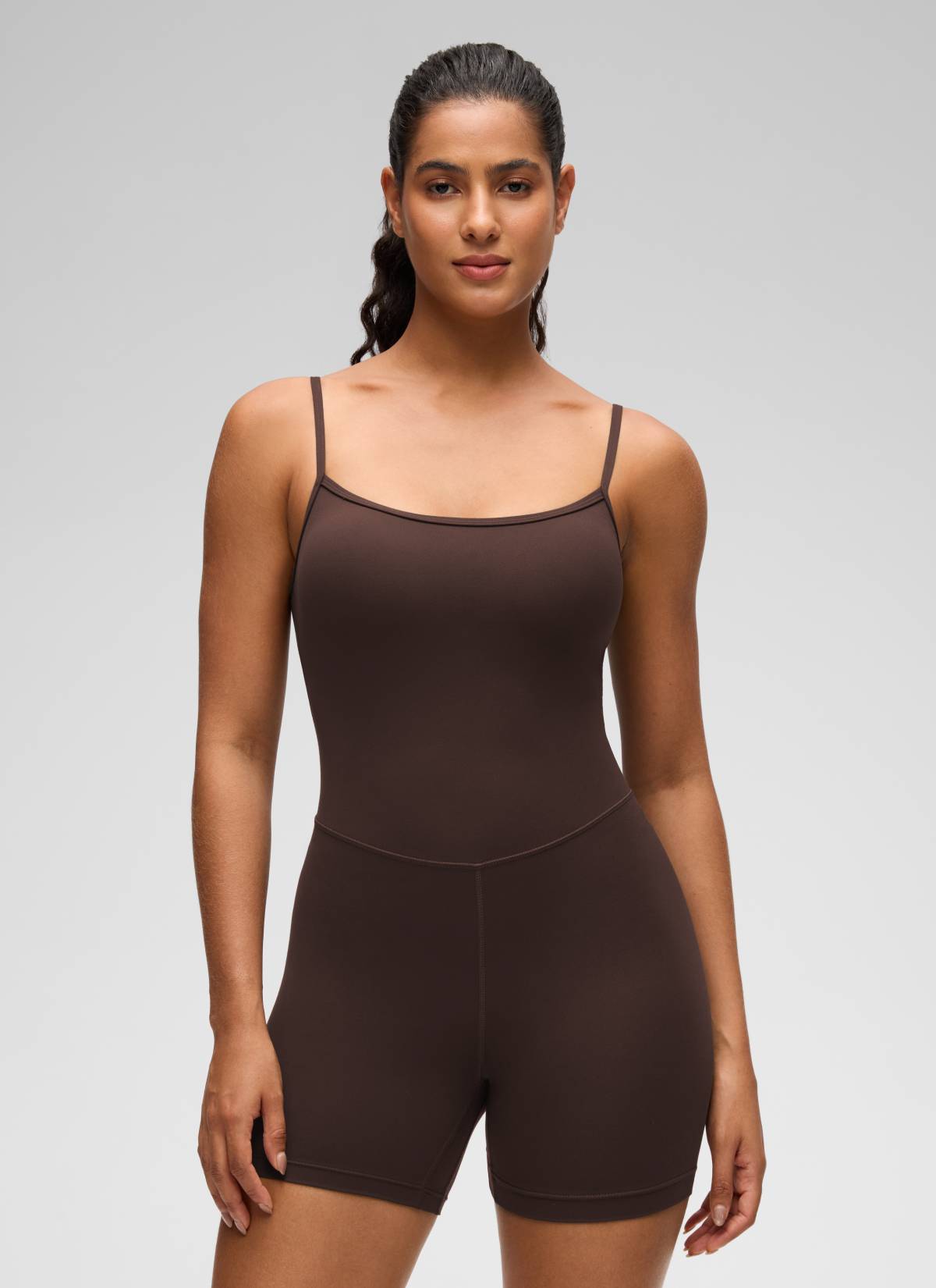 CRZ YOGA Women's Yoga Tight Fit Romper Shorts Bodysuit Jumpsuits Hot Fudge Brown @model_info:Carol