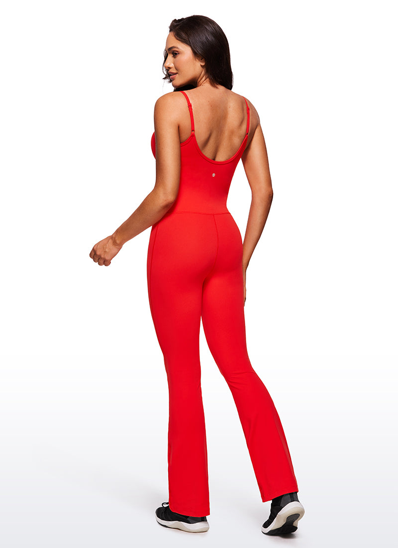 CRZ YOGA Women's Yoga Tight Fit Flare Jumpsuits Build-in Bra Bodysuits Dark Red