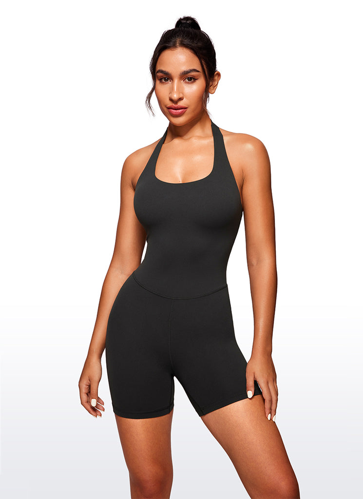 CRZ YOGA Women's Yoga Halter Backless Athletic Romper Shorts Bodysuit Black