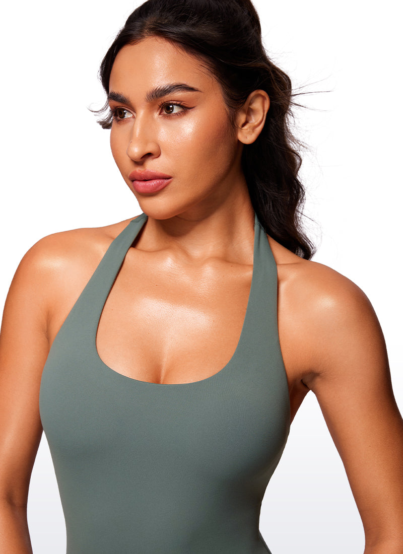 CRZ YOGA Women's Yoga Halter Backless Athletic Romper Shorts Bodysuit Grey Sage