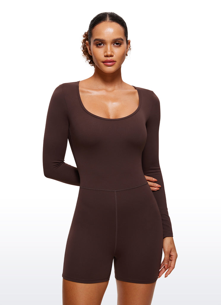 CRZ YOGA Women's Casual Yoga Long Sleeve Scoop Neck Athletic Rompers Hot Fudge Brown